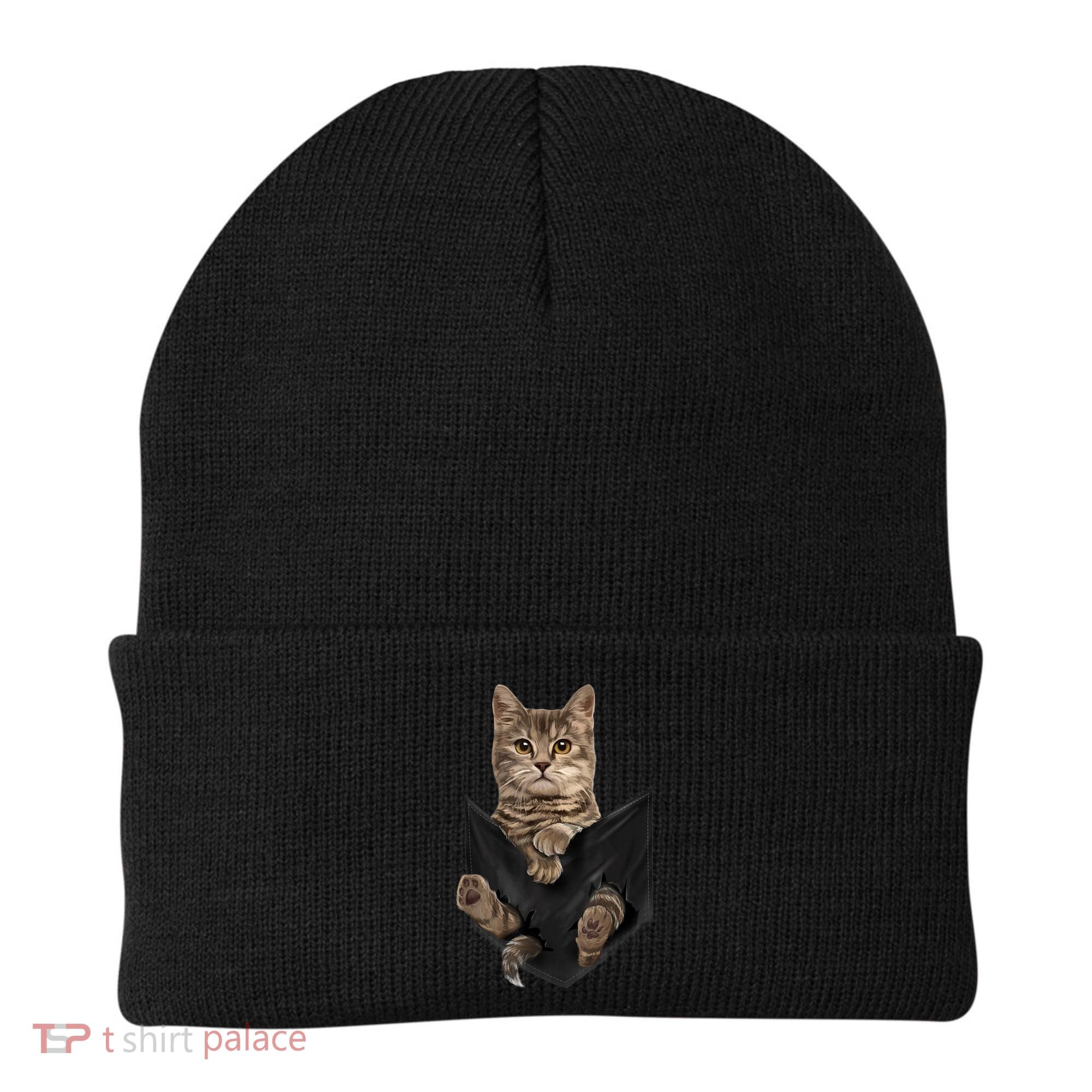 Brown Cat Sits In Pocket TShirt Cats Tee Shirt Gifts Beanie