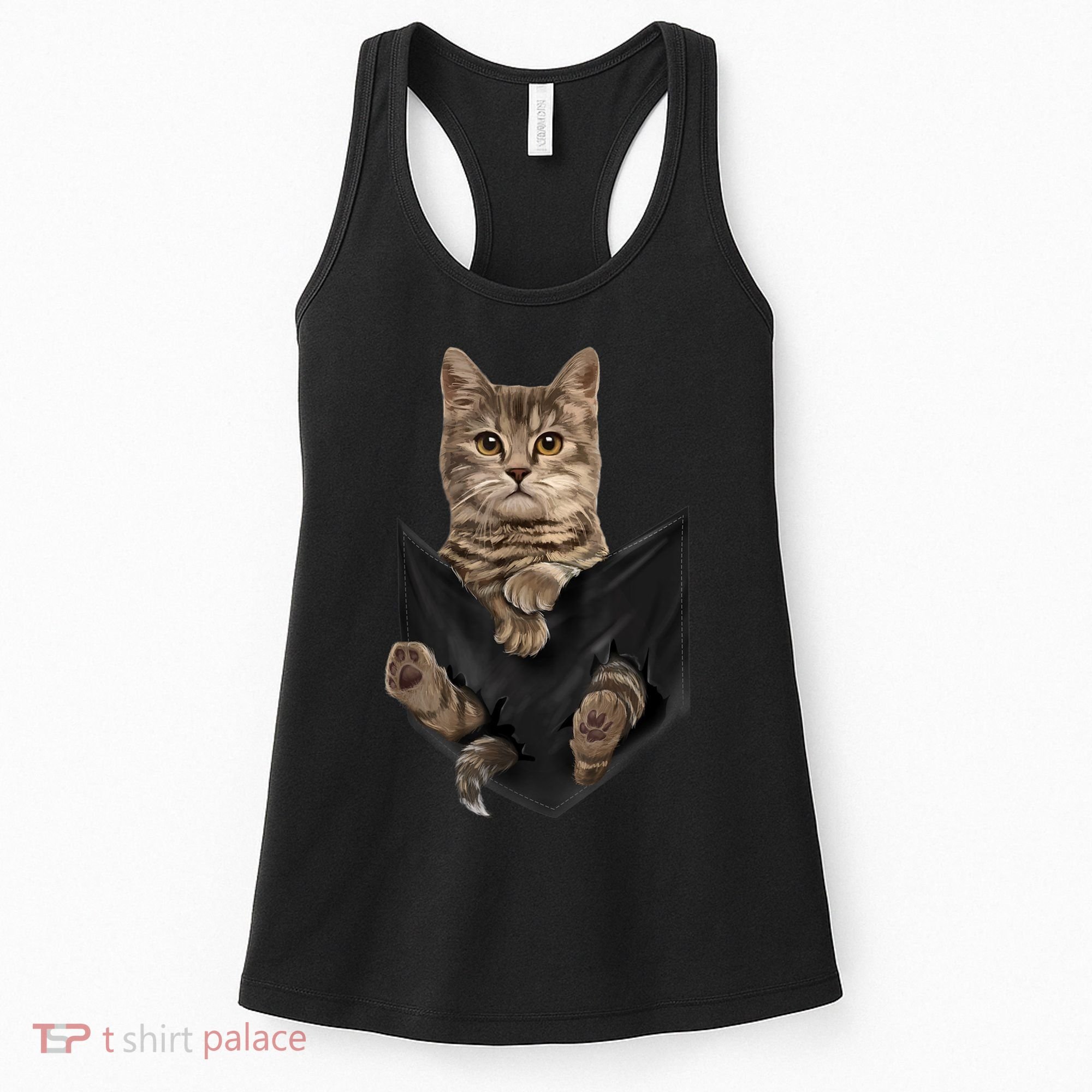 Brown Cat Sits In Pocket TShirt Cats Tee Shirt Gifts Women's Tank Top