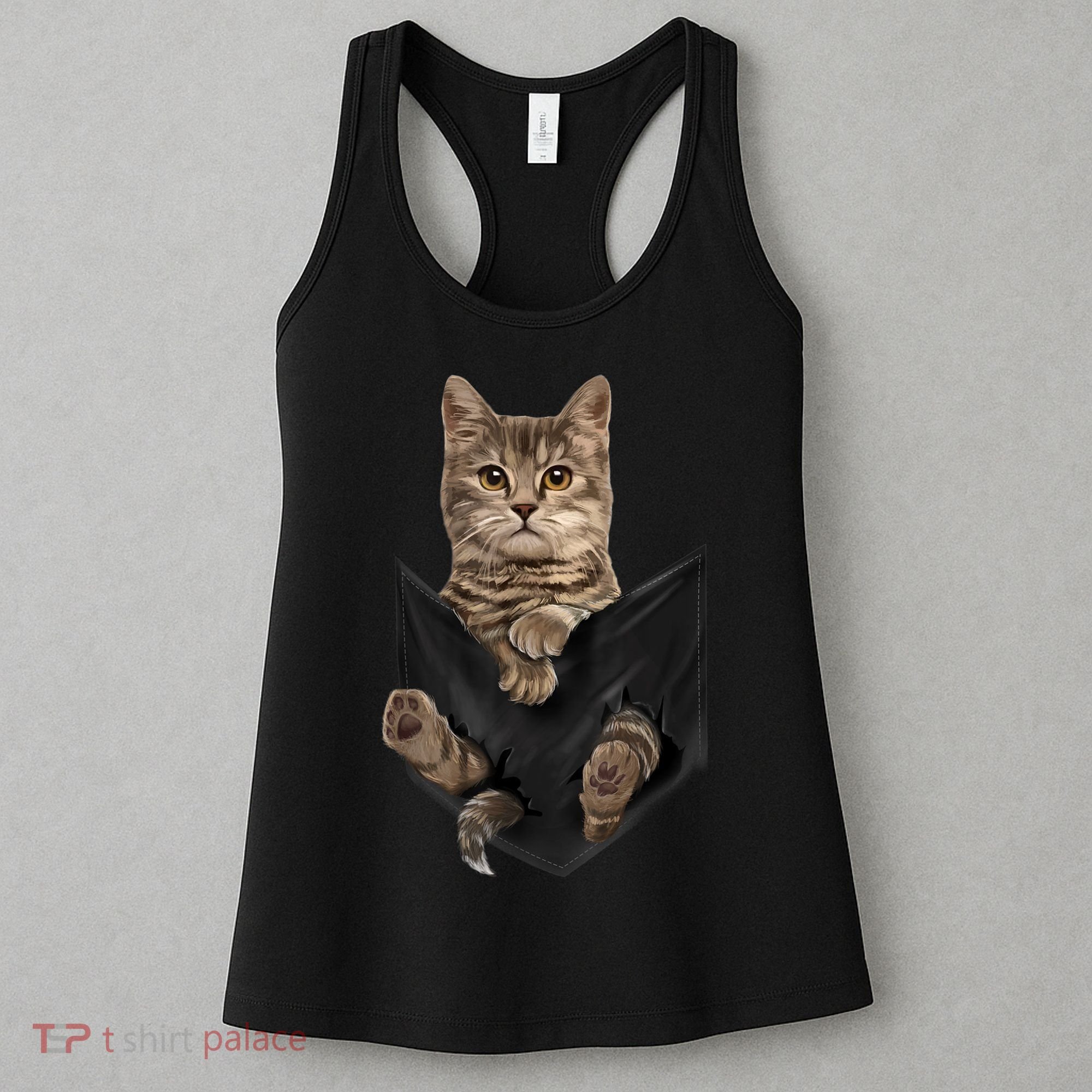 Brown Cat Sits In Pocket TShirt Cats Tee Shirt Gifts Women's Tank Top