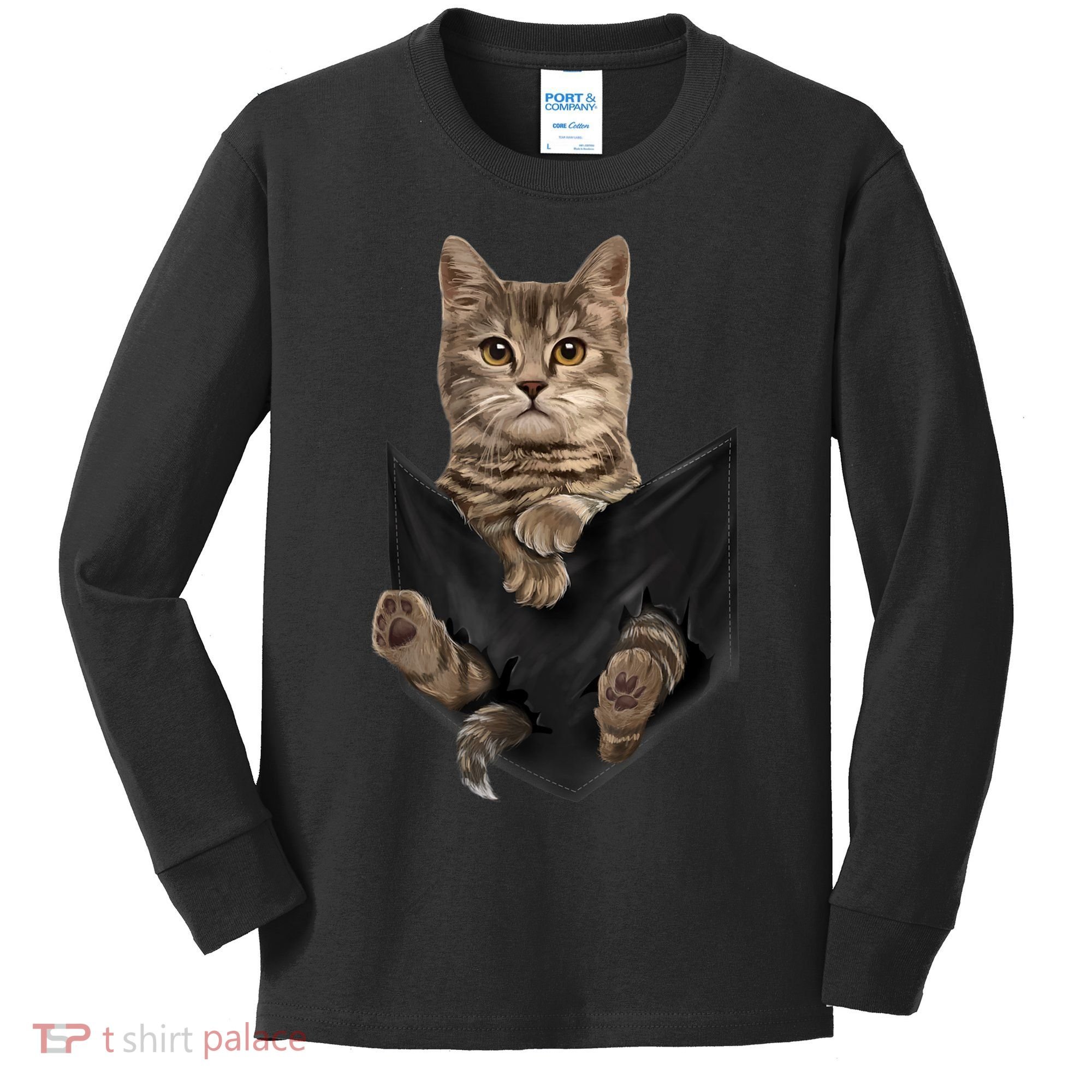 Brown Cat Sits In Pocket TShirt Cats Tee Shirt Gifts Kids Long Sleeve Shirt