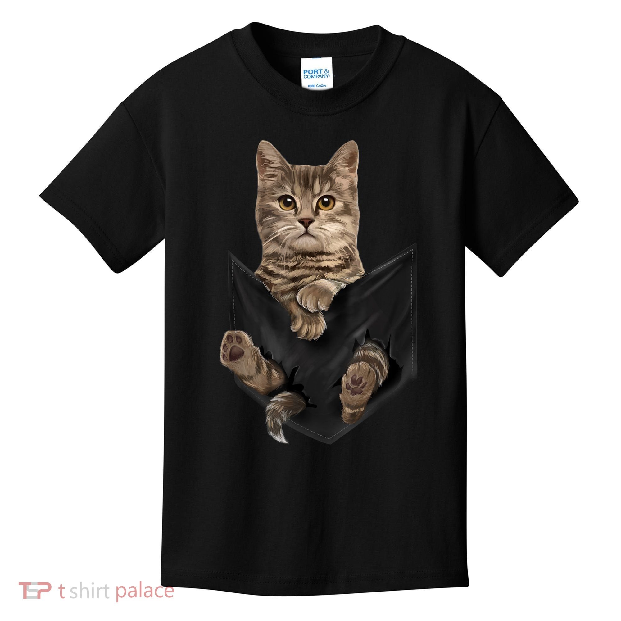 Brown Cat Sits In Pocket TShirt Cats Tee Shirt Gifts Kids T-Shirt