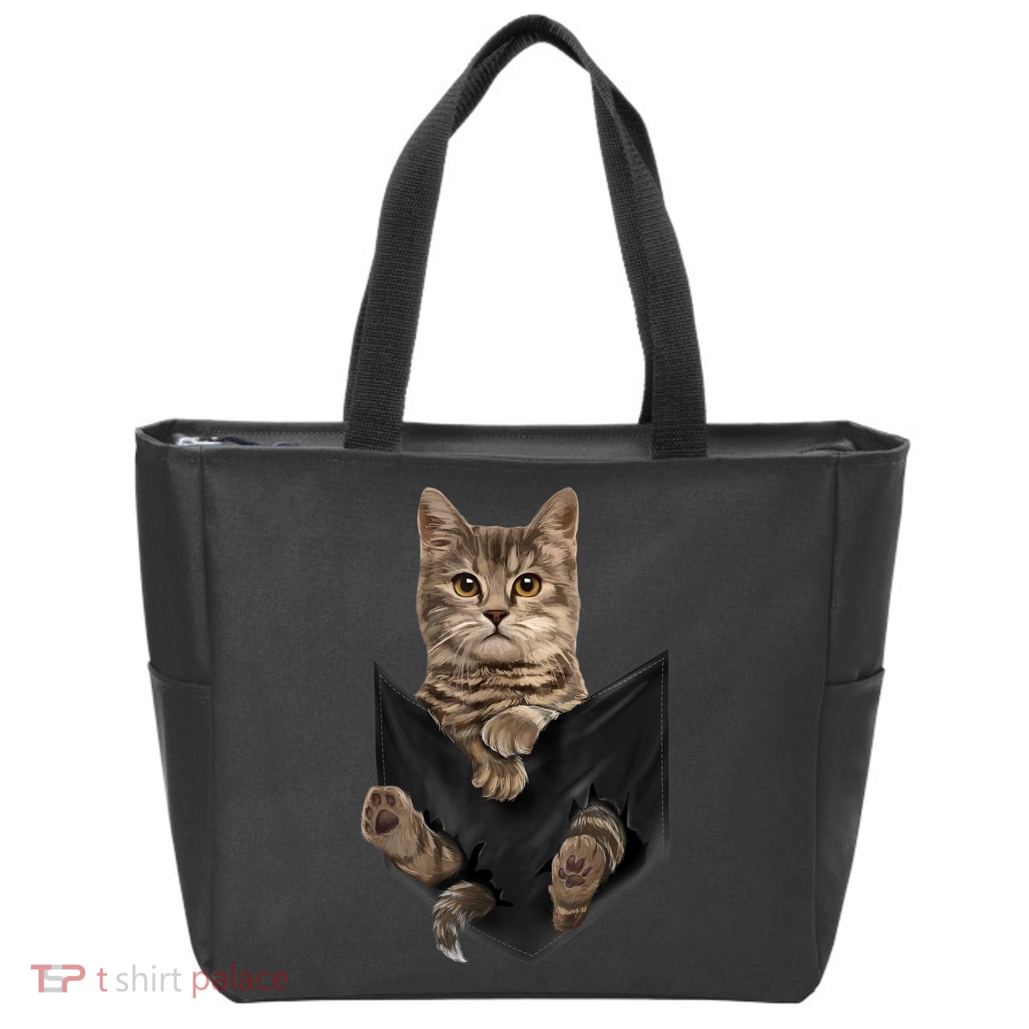 Brown Cat Sits In Pocket TShirt Cats Tee Shirt Gifts Tote Bag