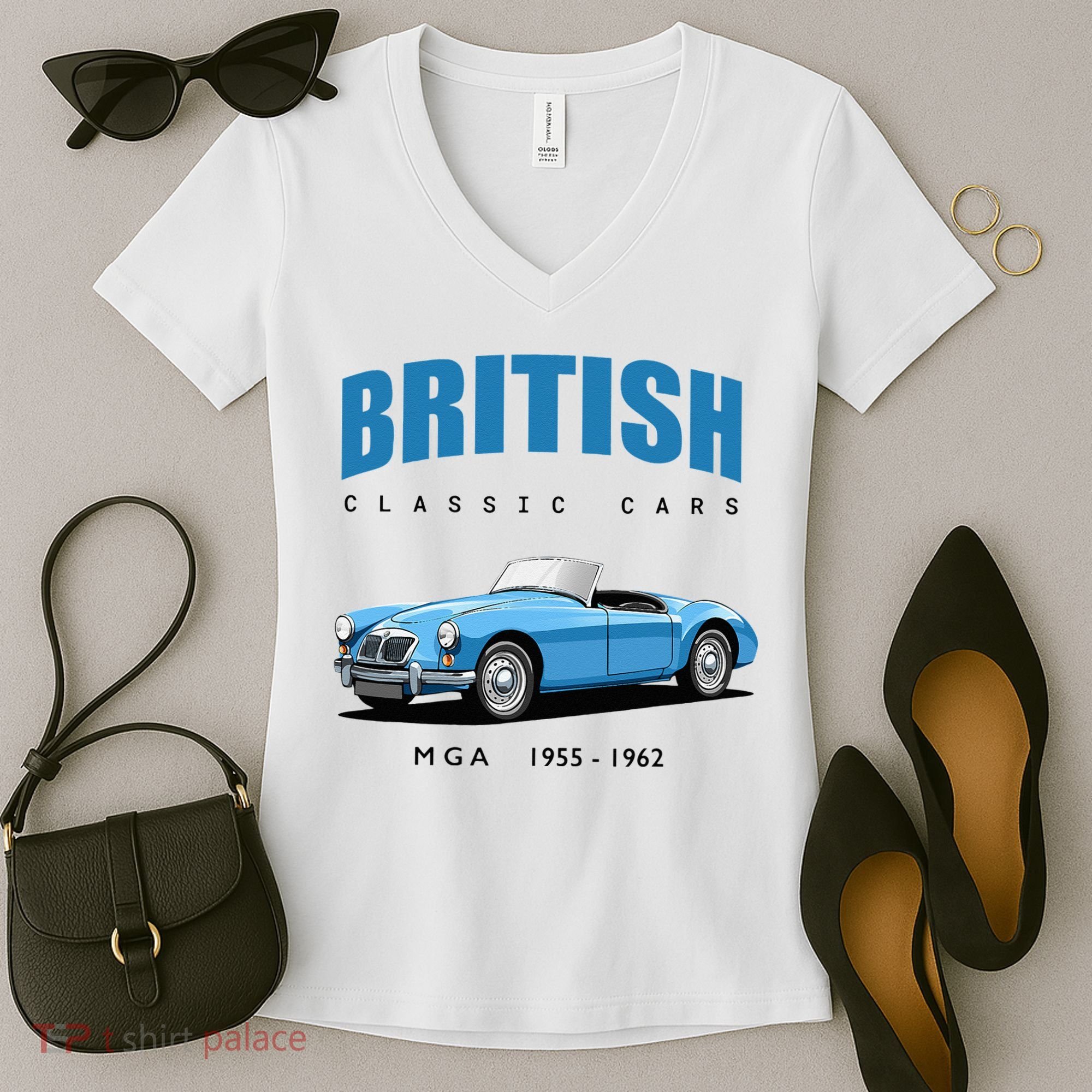British Classic Sports Cars MG MGA Women's V-Neck T-Shirt