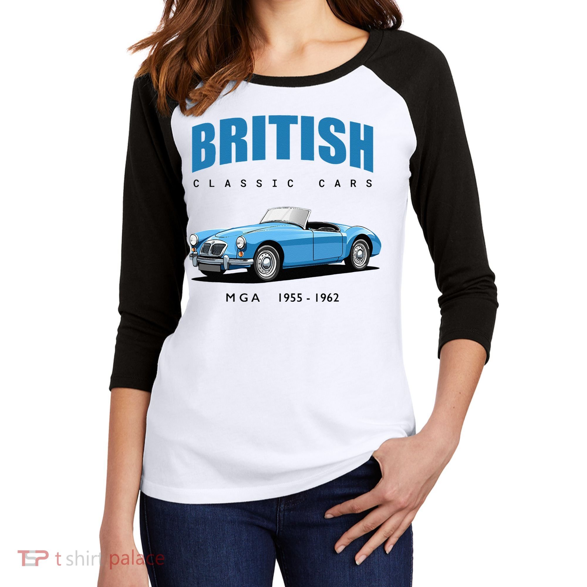 British Classic Sports Cars MG MGA Women's Tri-Blend 3/4-Sleeve Raglan Shirt