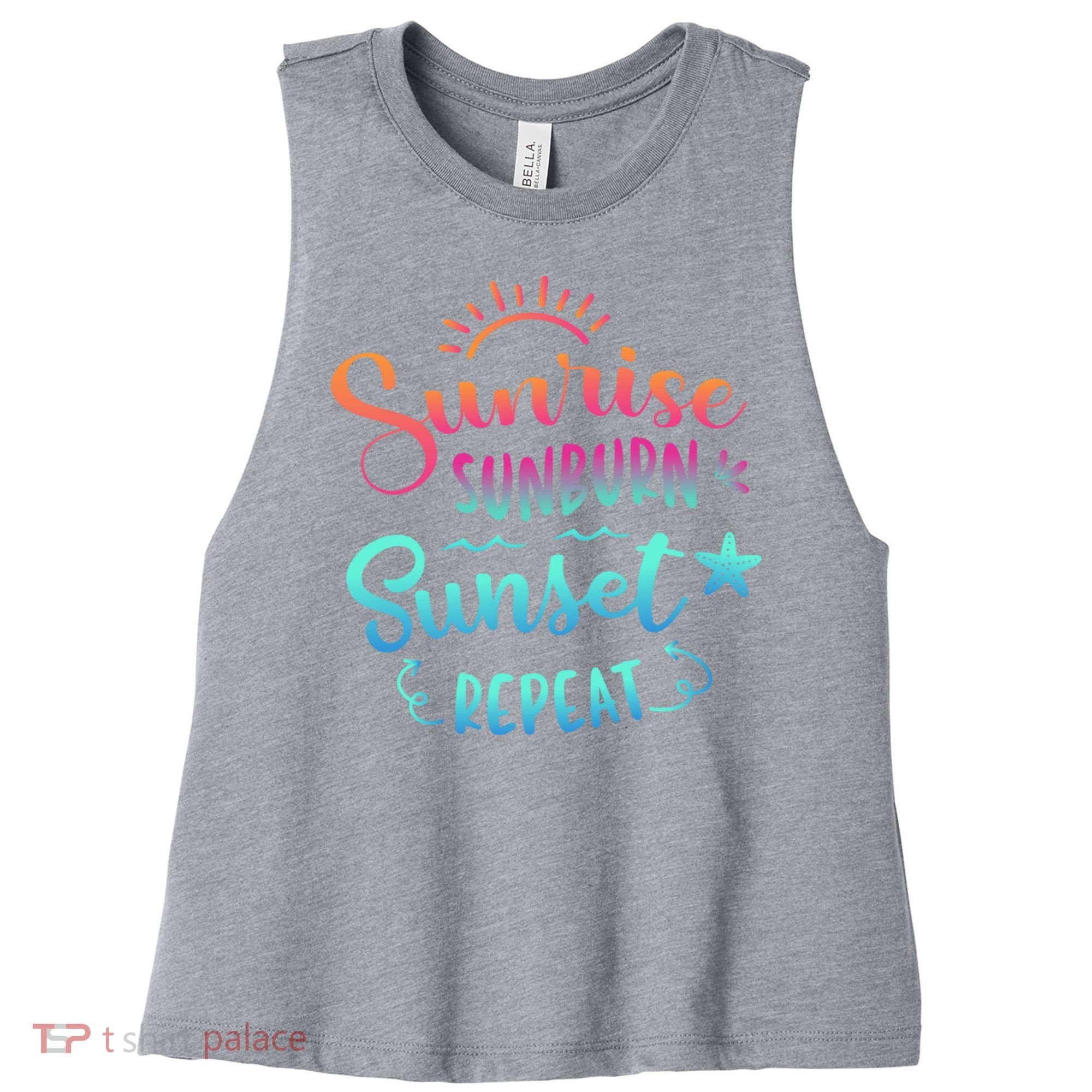 Beach Camping Sunrise Sunburn Sunset Repeat Summer Vacation Women's Racerback Cropped Tank