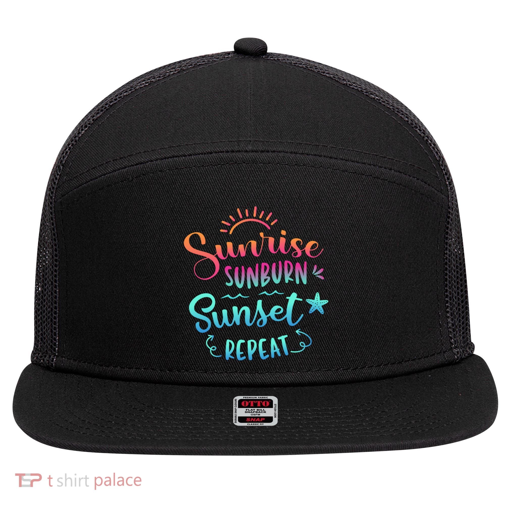 Beach Camping Sunrise Sunburn Sunset Repeat Summer Vacation 7 Panel Mesh Trucker Snapback Hat