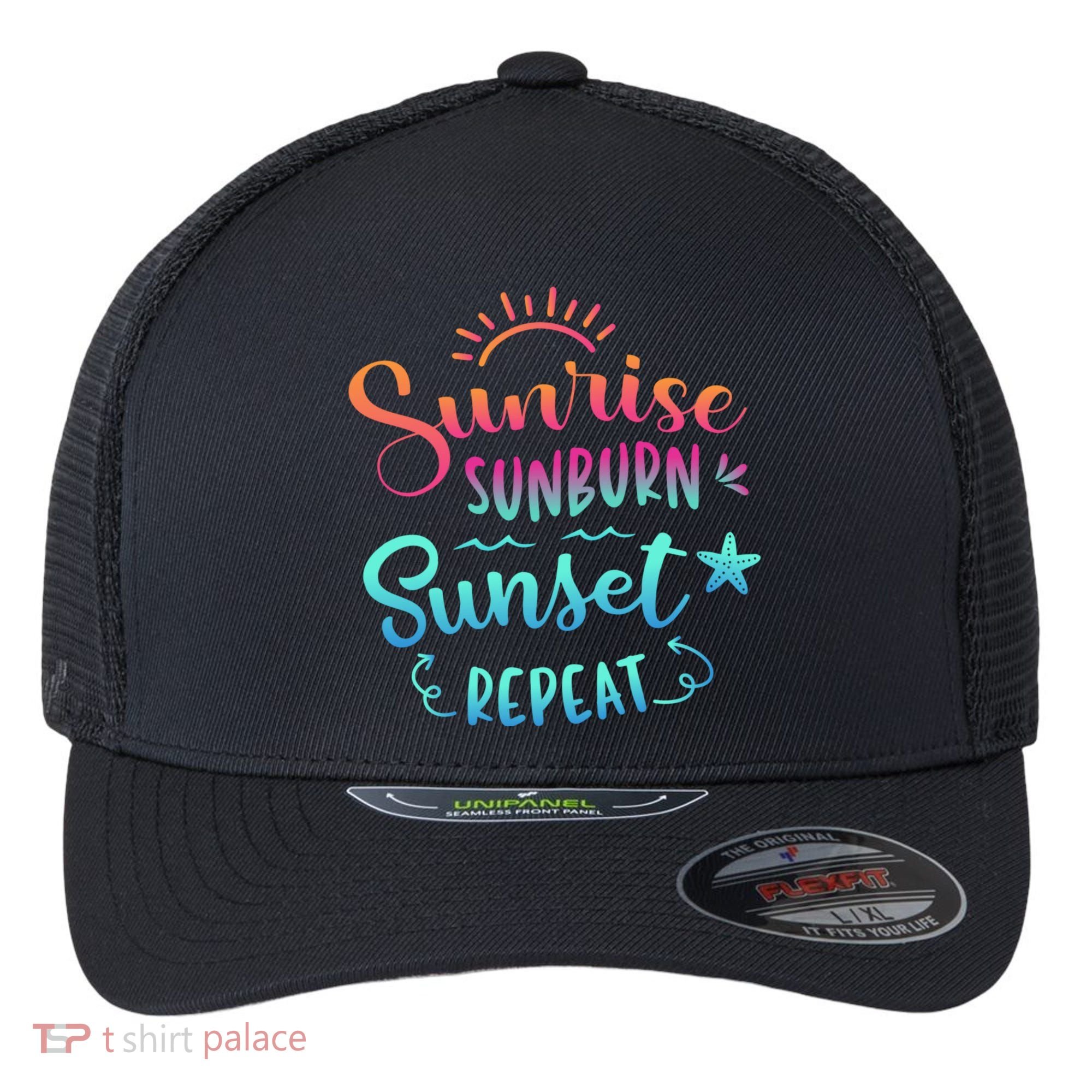 Beach Camping Sunrise Sunburn Sunset Repeat Summer Vacation Flexfit Unipanel Trucker Cap