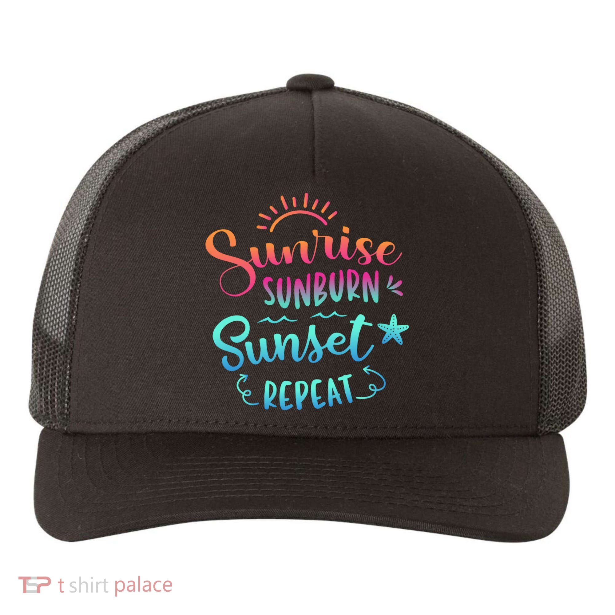 Beach Camping Sunrise Sunburn Sunset Repeat Summer Vacation Yupoong Adult 5-Panel Trucker Hat