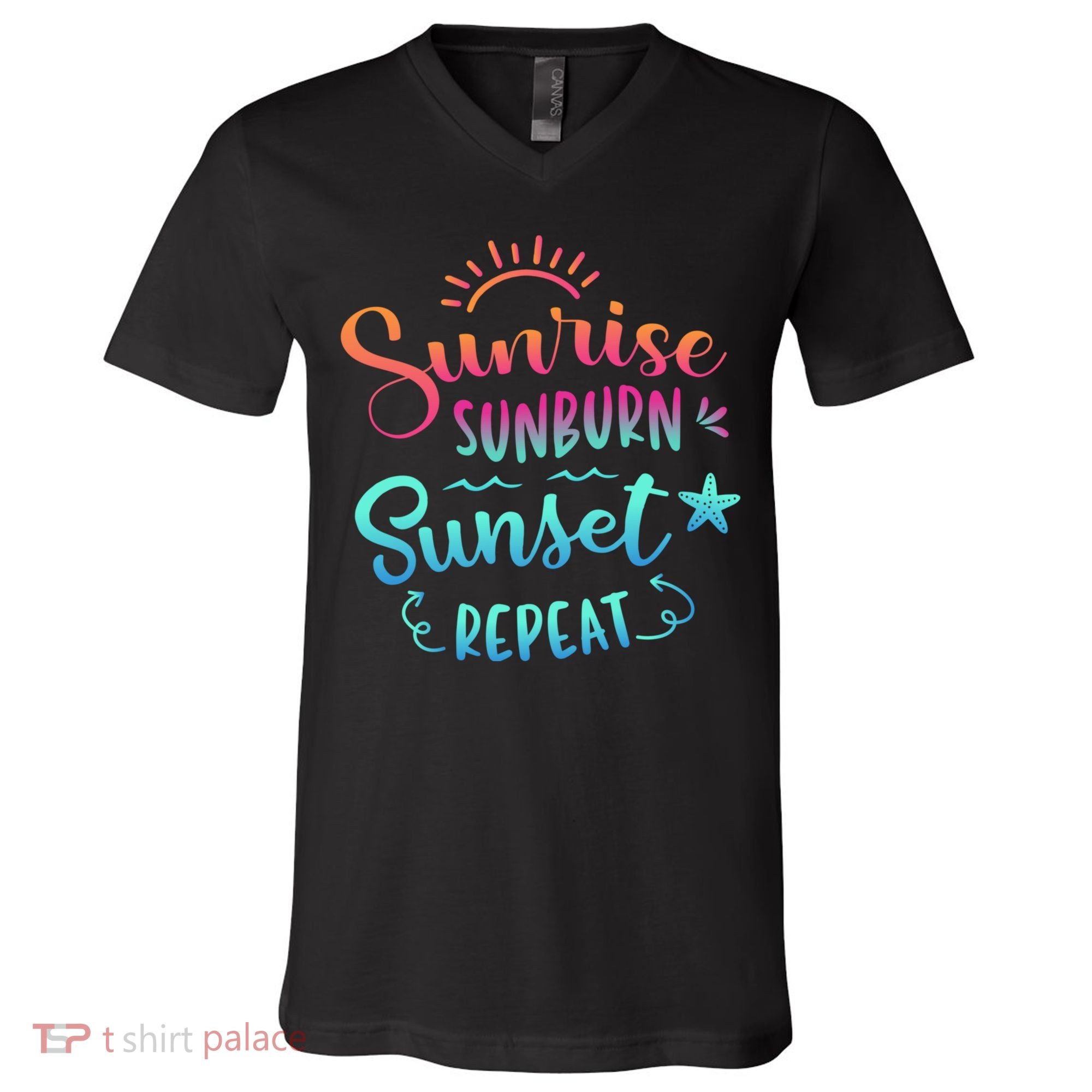 Beach Camping Sunrise Sunburn Sunset Repeat Summer Vacation V-Neck T-Shirt