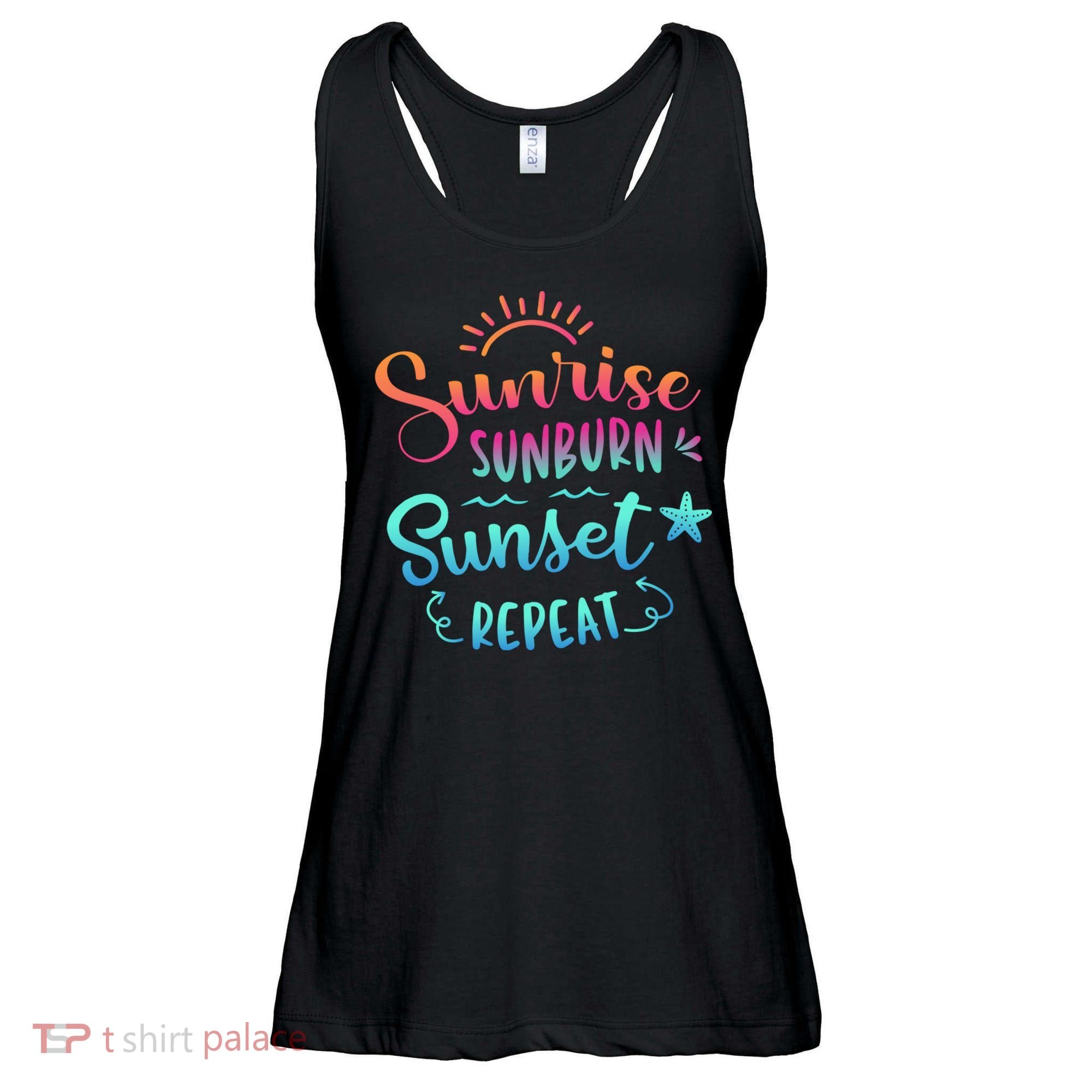 Beach Camping Sunrise Sunburn Sunset Repeat Summer Vacation Ladies Essential Flowy Tank