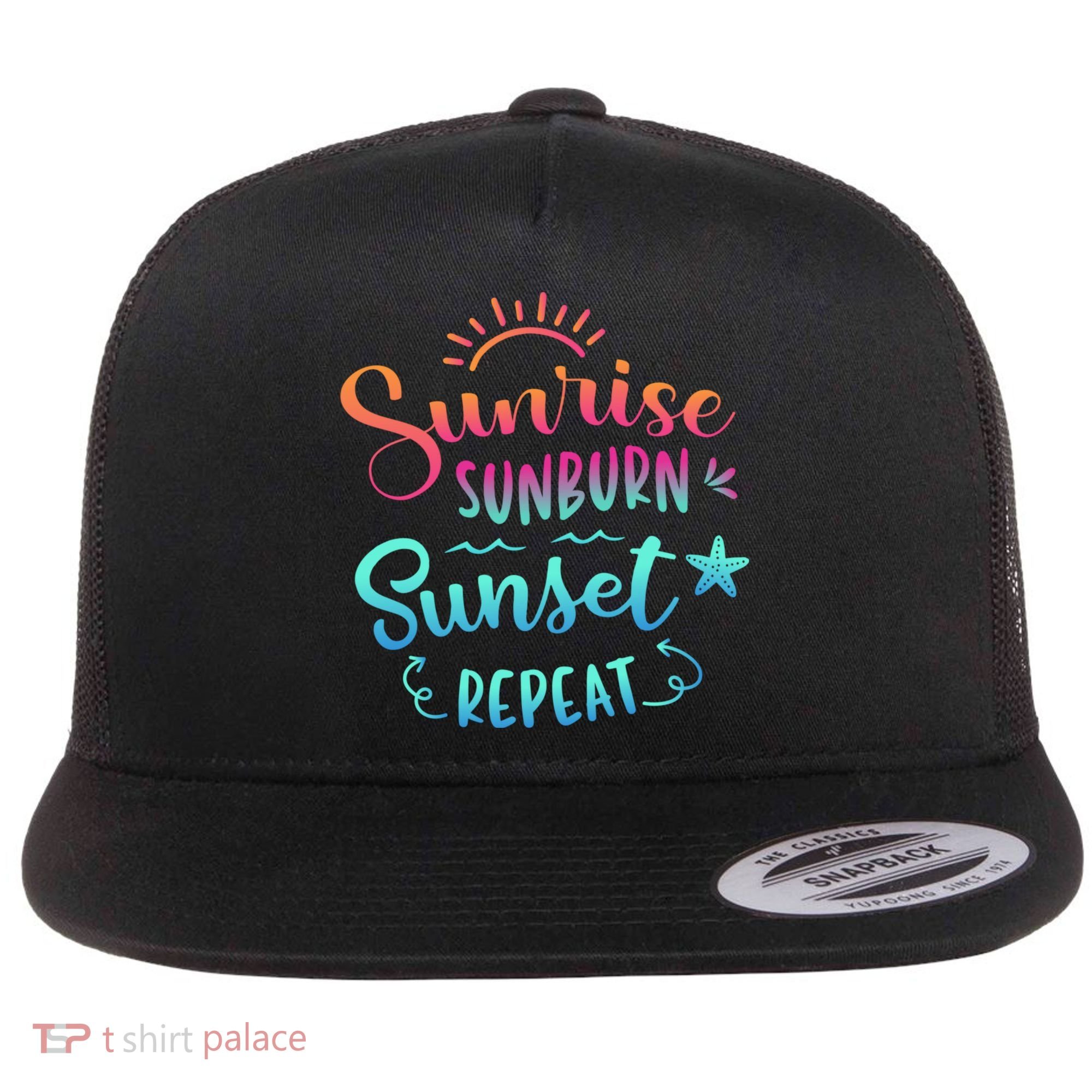 Beach Camping Sunrise Sunburn Sunset Repeat Summer Vacation Flat Bill Trucker Hat