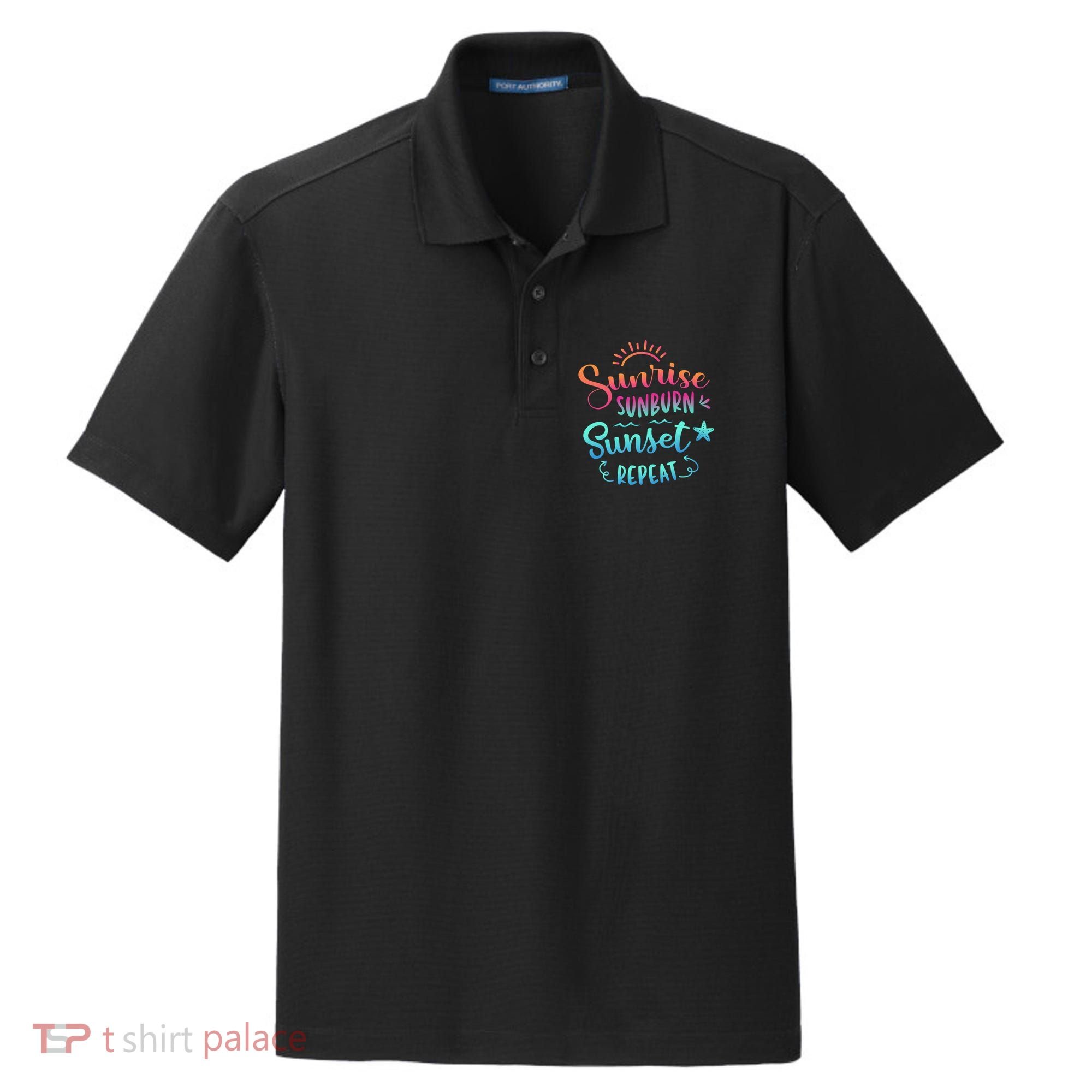 Beach Camping Sunrise Sunburn Sunset Repeat Summer Vacation Dry Zone Grid Polo