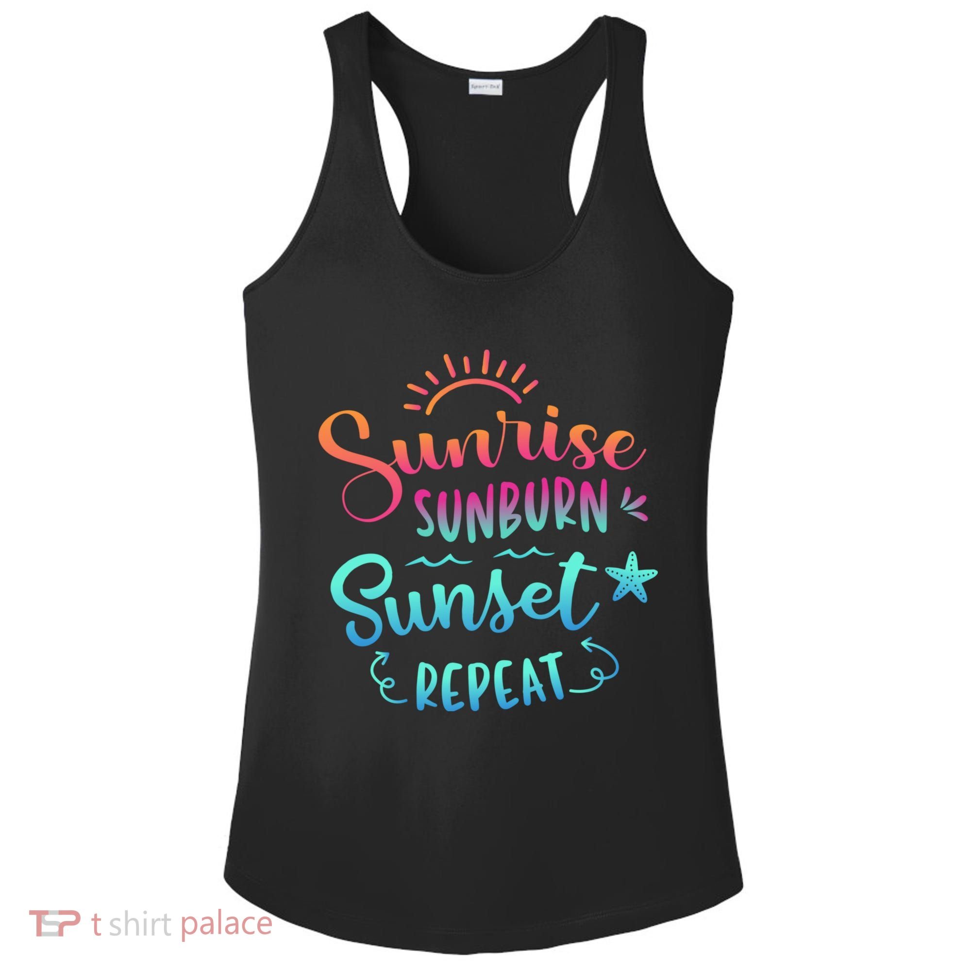 Beach Camping Sunrise Sunburn Sunset Repeat Summer Vacation Ladies PosiCharge Competitor Racerback Tank