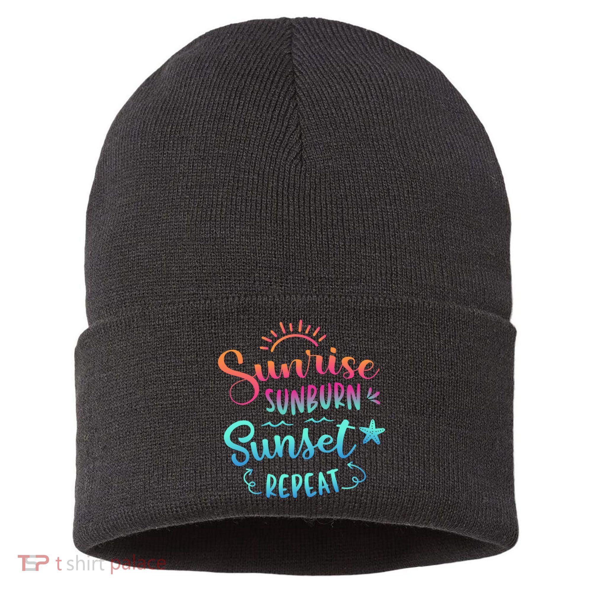 Beach Camping Sunrise Sunburn Sunset Repeat Summer Vacation Sustainable Knit Beanie