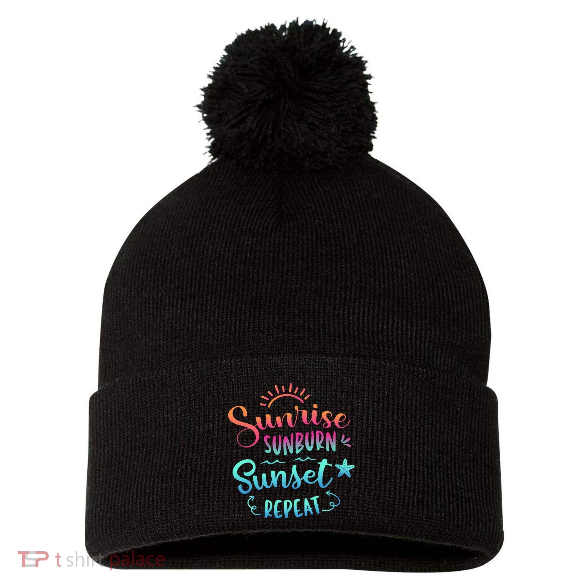 Beach Camping Sunrise Sunburn Sunset Repeat Summer Vacation Pom Pom 12in Knit Beanie