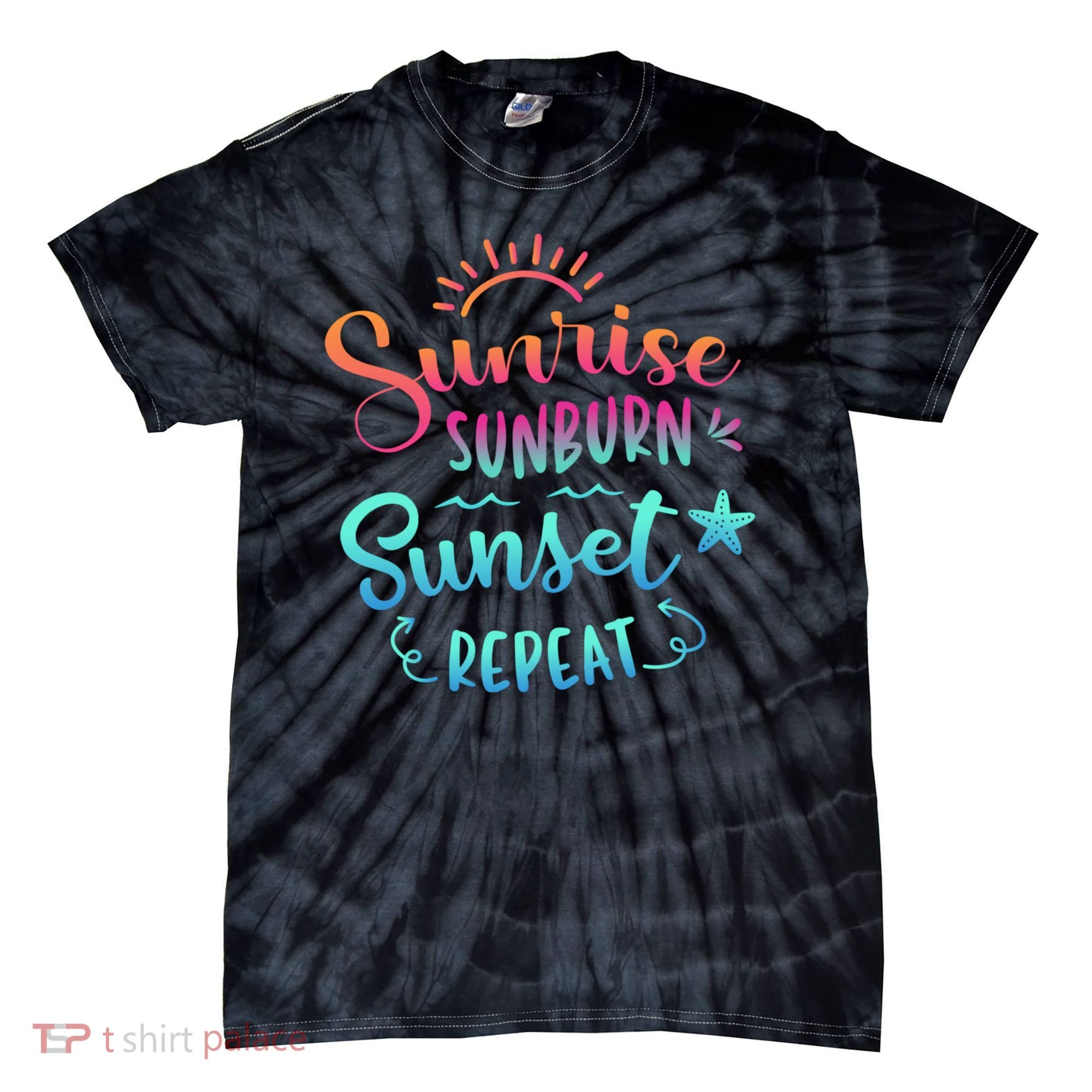 Beach Camping Sunrise Sunburn Sunset Repeat Summer Vacation Tie-Dye T-Shirt
