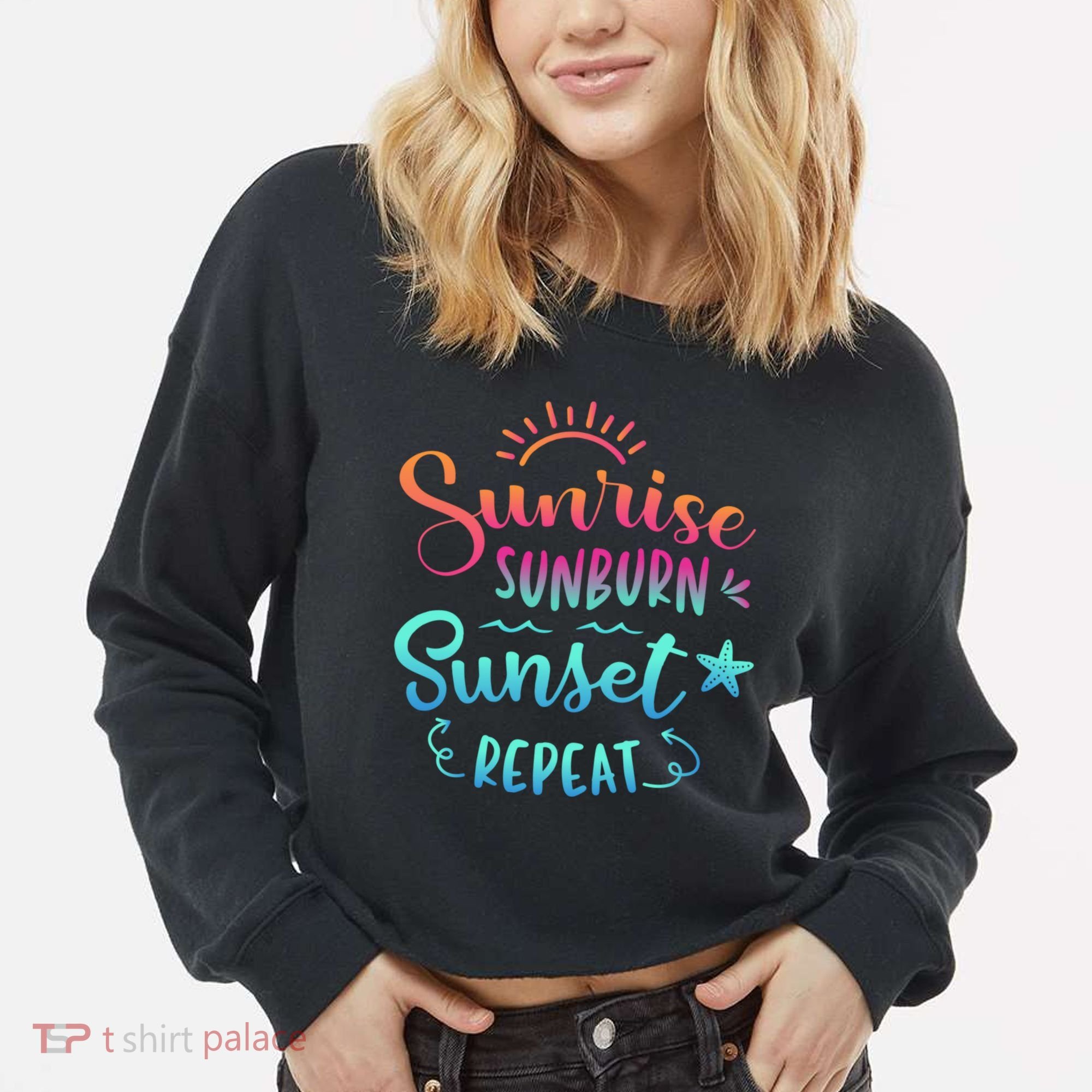 Beach Camping Sunrise Sunburn Sunset Repeat Summer Vacation Cropped Pullover Crew