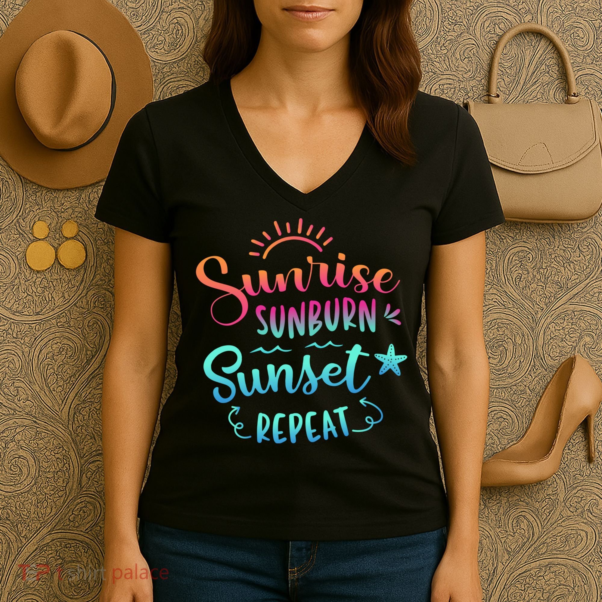 Beach Camping Sunrise Sunburn Sunset Repeat Summer Vacation Women's V-Neck T-Shirt