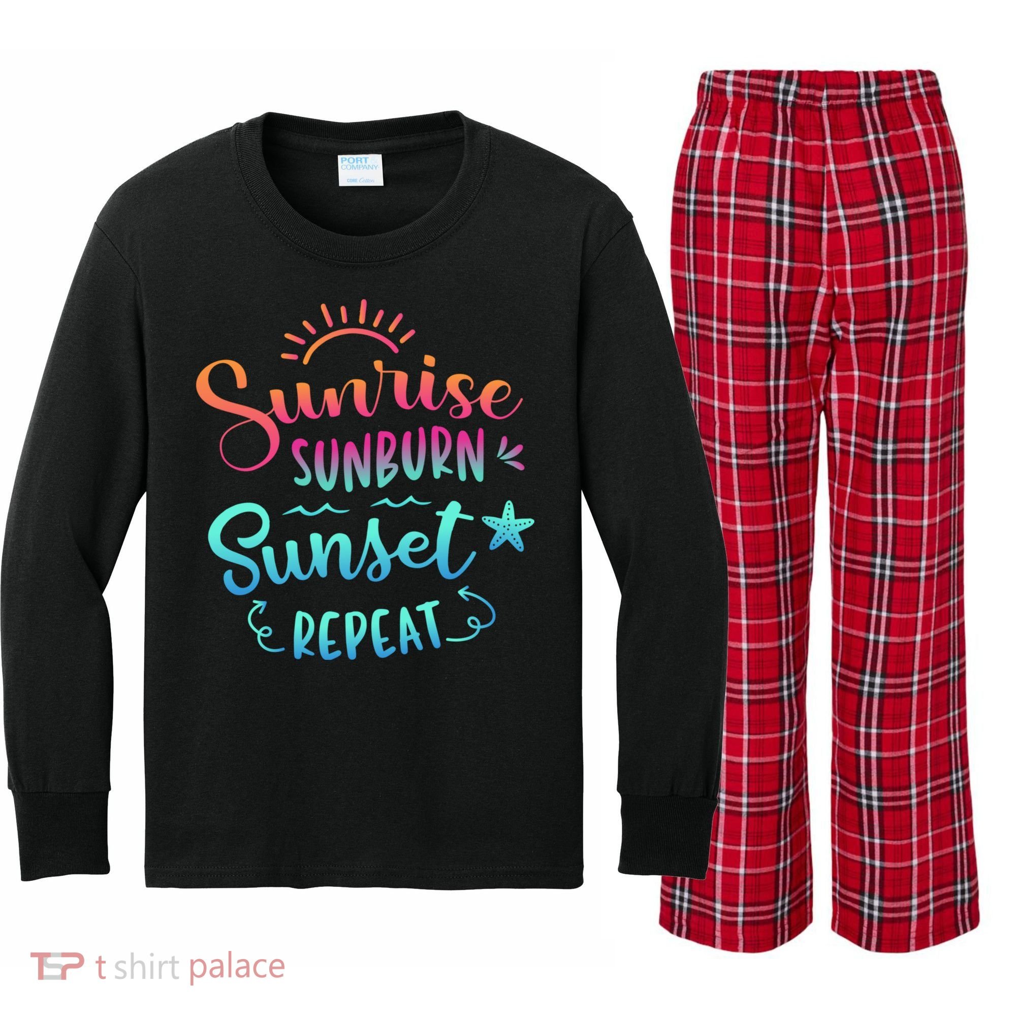 Beach Camping Sunrise Sunburn Sunset Repeat Summer Vacation Kids Long Sleeve Plaid Pajama Set