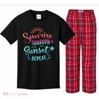 Beach Camping Sunrise Sunburn Sunset Repeat Summer Vacation Kids Plaid Pajama Set thumb 0