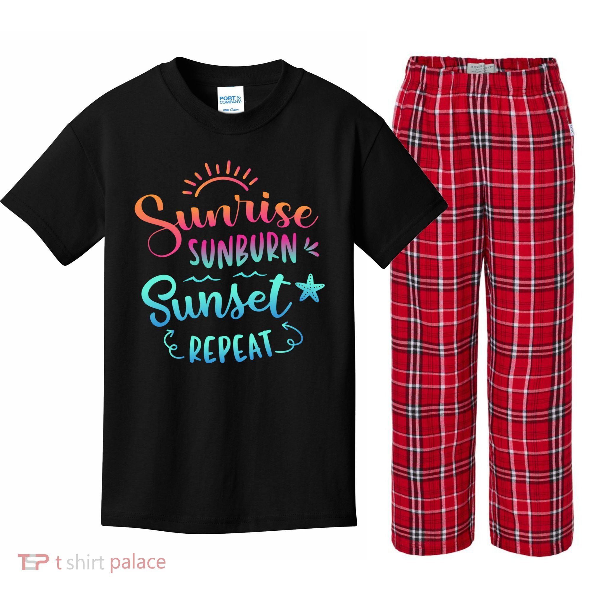 Beach Camping Sunrise Sunburn Sunset Repeat Summer Vacation Kids Plaid Pajama Set