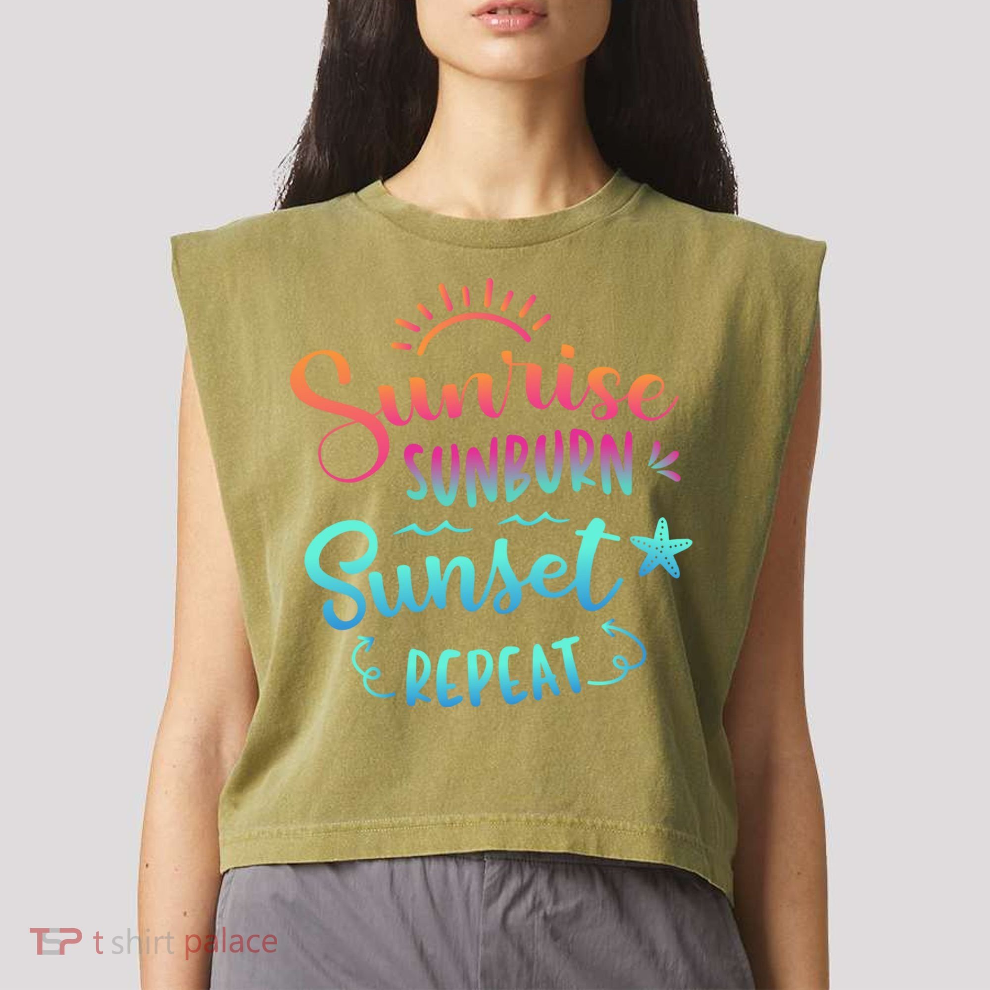 Beach Camping Sunrise Sunburn Sunset Repeat Summer Vacation Garment-Dyed Women's Muscle Tee