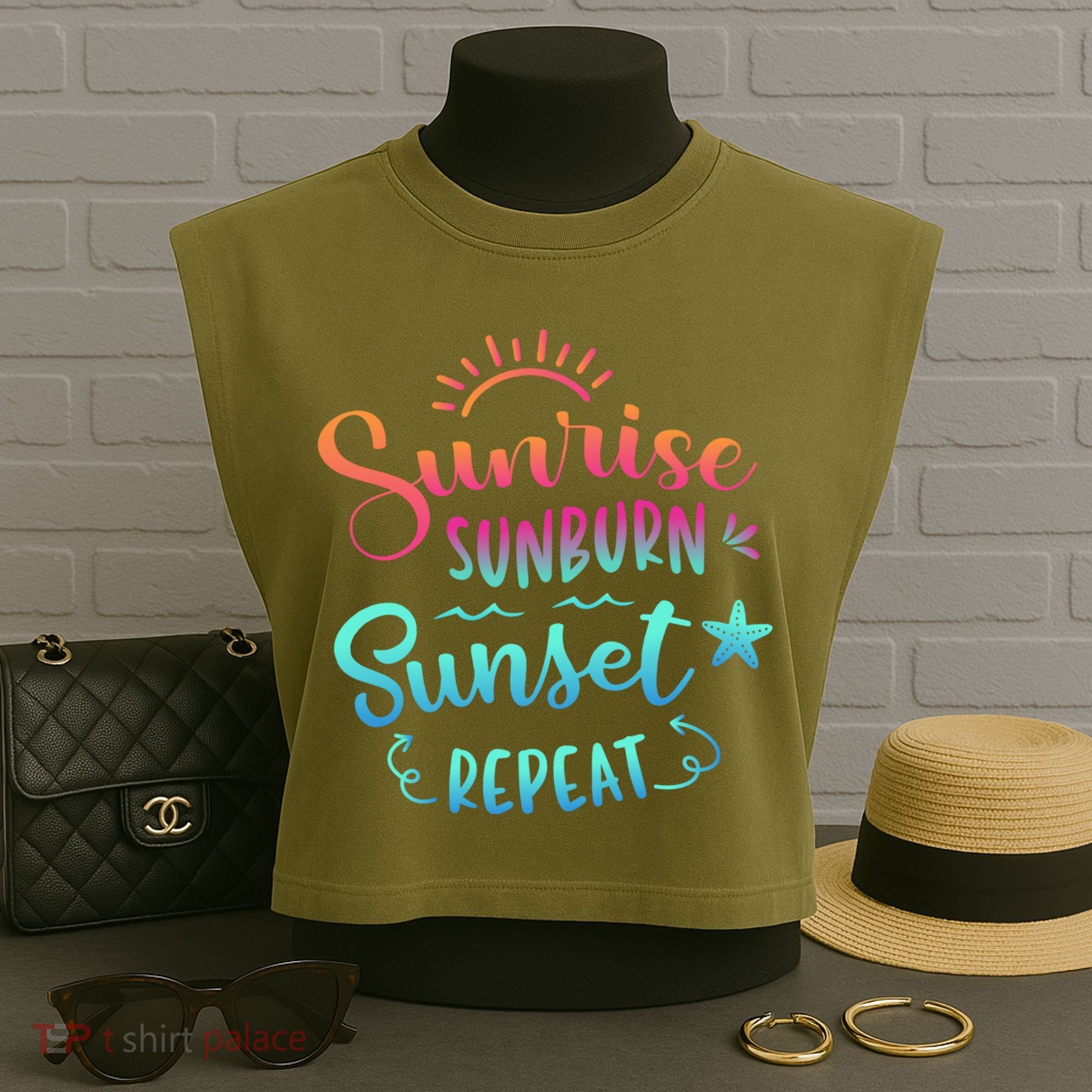 Beach Camping Sunrise Sunburn Sunset Repeat Summer Vacation Garment-Dyed Women's Muscle Tee