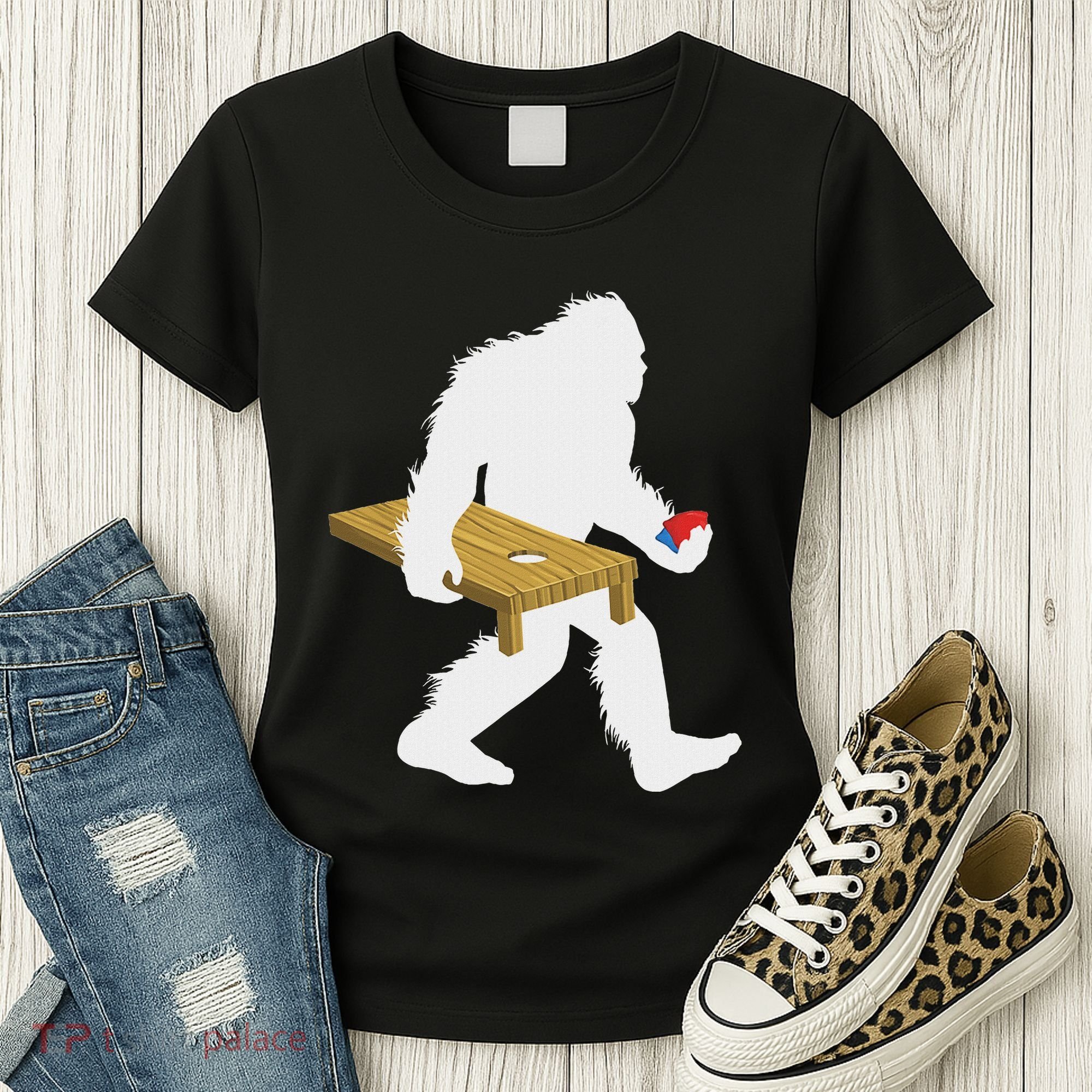 Bigfoot Cornhole Sasquatch Cryptid Bag Tossing Game Women's T-Shirt