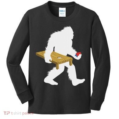 Bigfoot Cornhole Sasquatch Cryptid Bag Tossing Game Kids Long Sleeve Shirt