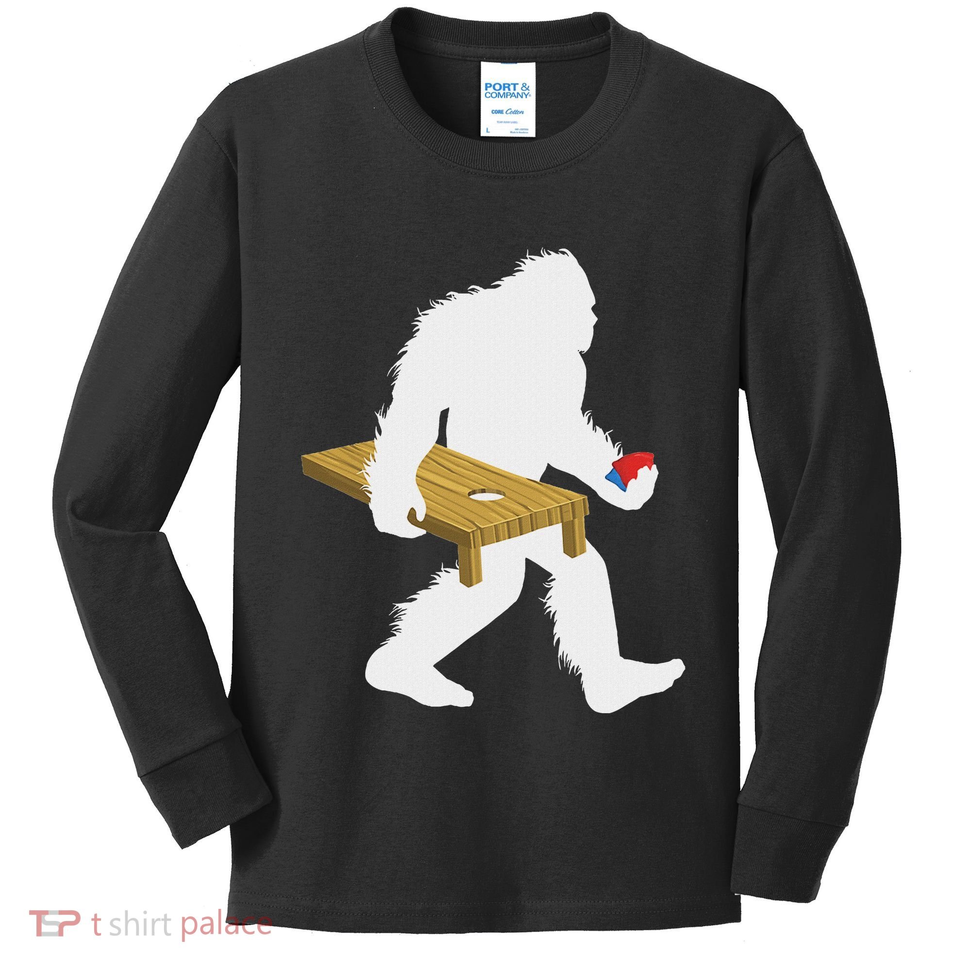 Bigfoot Cornhole Sasquatch Cryptid Bag Tossing Game Kids Long Sleeve Shirt