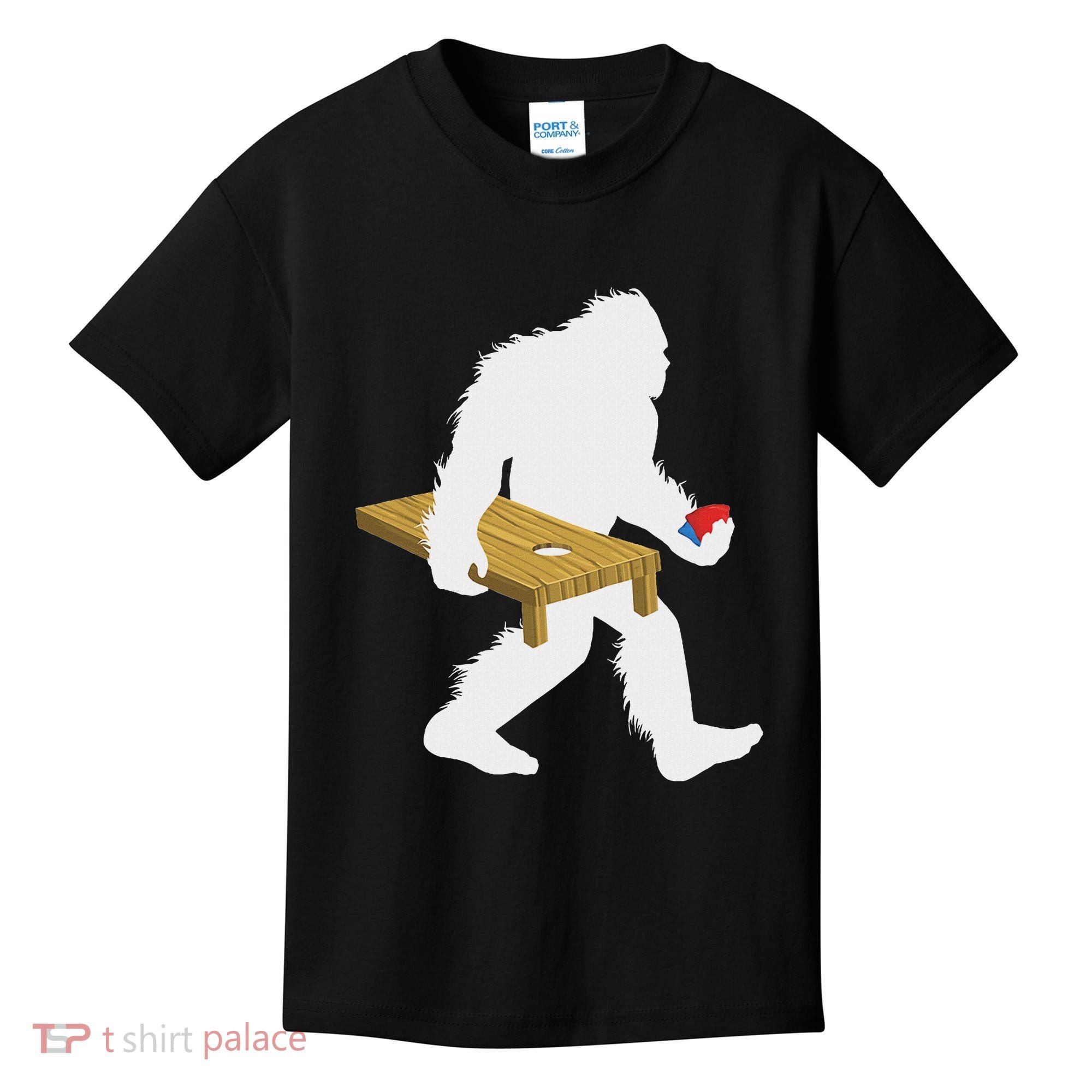 Bigfoot Cornhole Sasquatch Cryptid Bag Tossing Game Kids T-Shirt