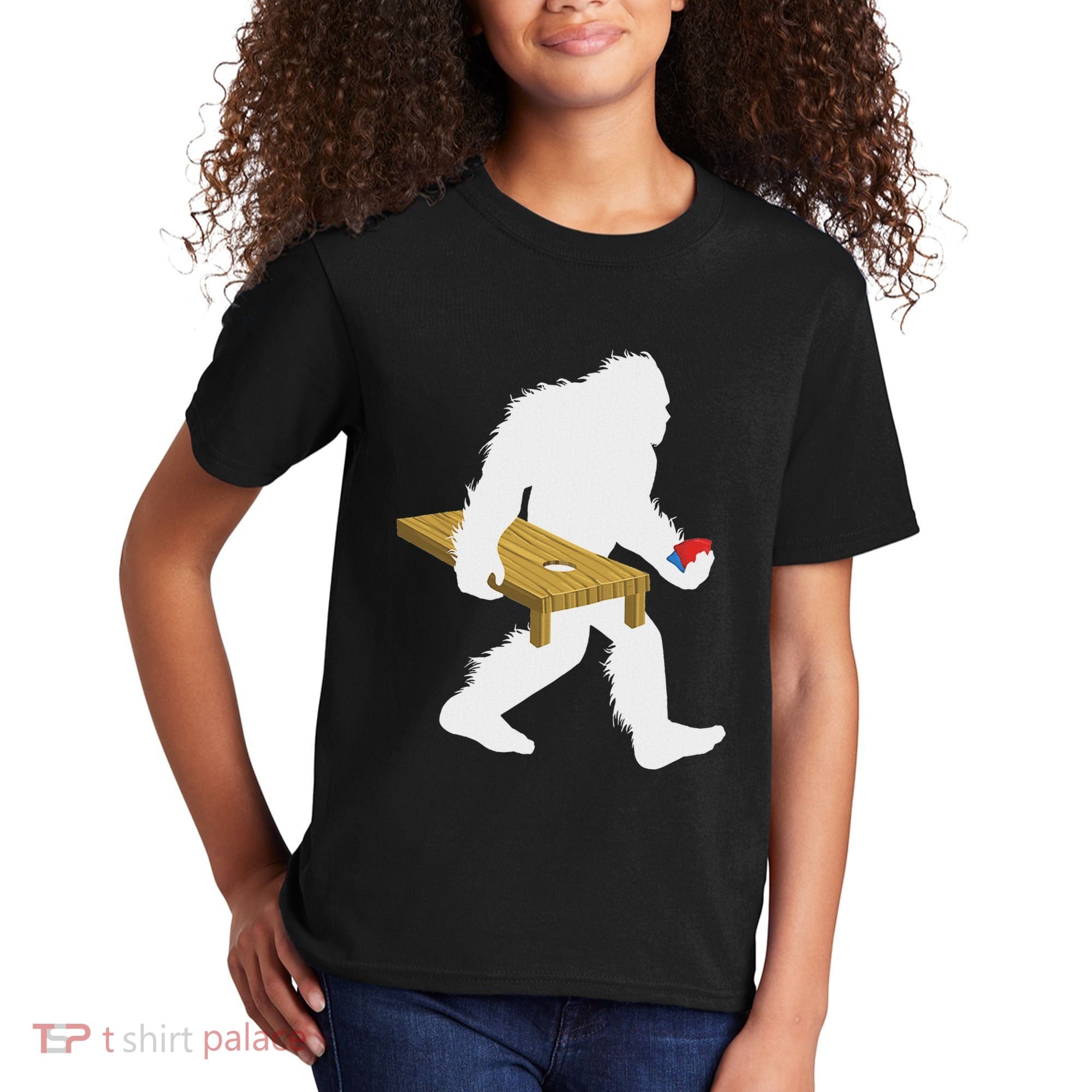 Bigfoot Cornhole Sasquatch Cryptid Bag Tossing Game Kids T-Shirt