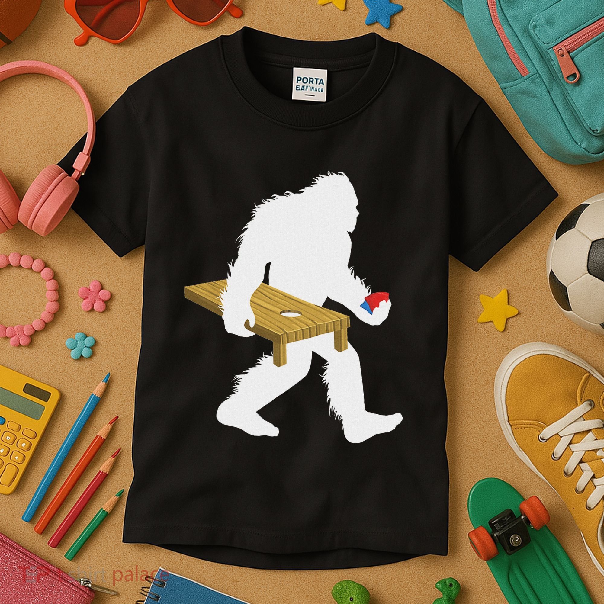 Bigfoot Cornhole Sasquatch Cryptid Bag Tossing Game Kids T-Shirt