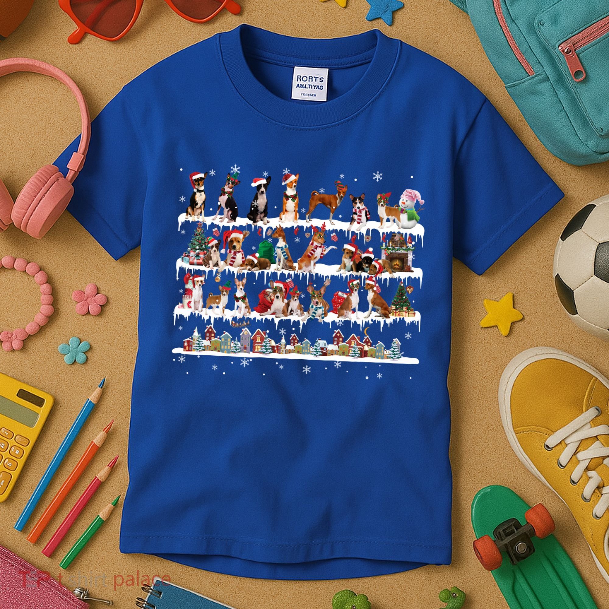 Basenji Christmas Snow Layers Santa Dog Ugly Xmas Gift Kids T-Shirt