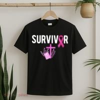 Breast Cancer Survivor Ribbon Faith Cross Christian T-Shirt thumb 2