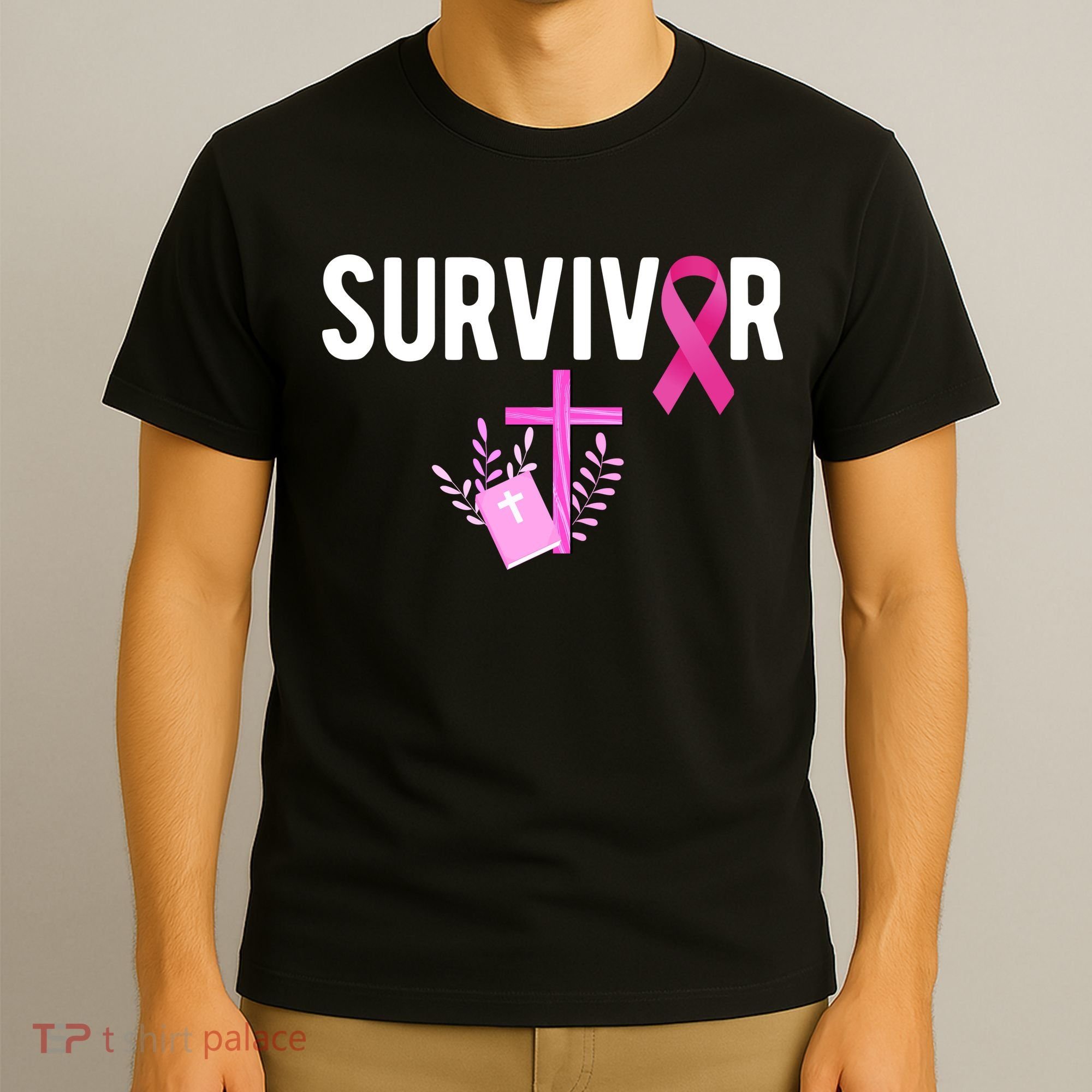 Breast Cancer Survivor Ribbon Faith Cross Christian T-Shirt