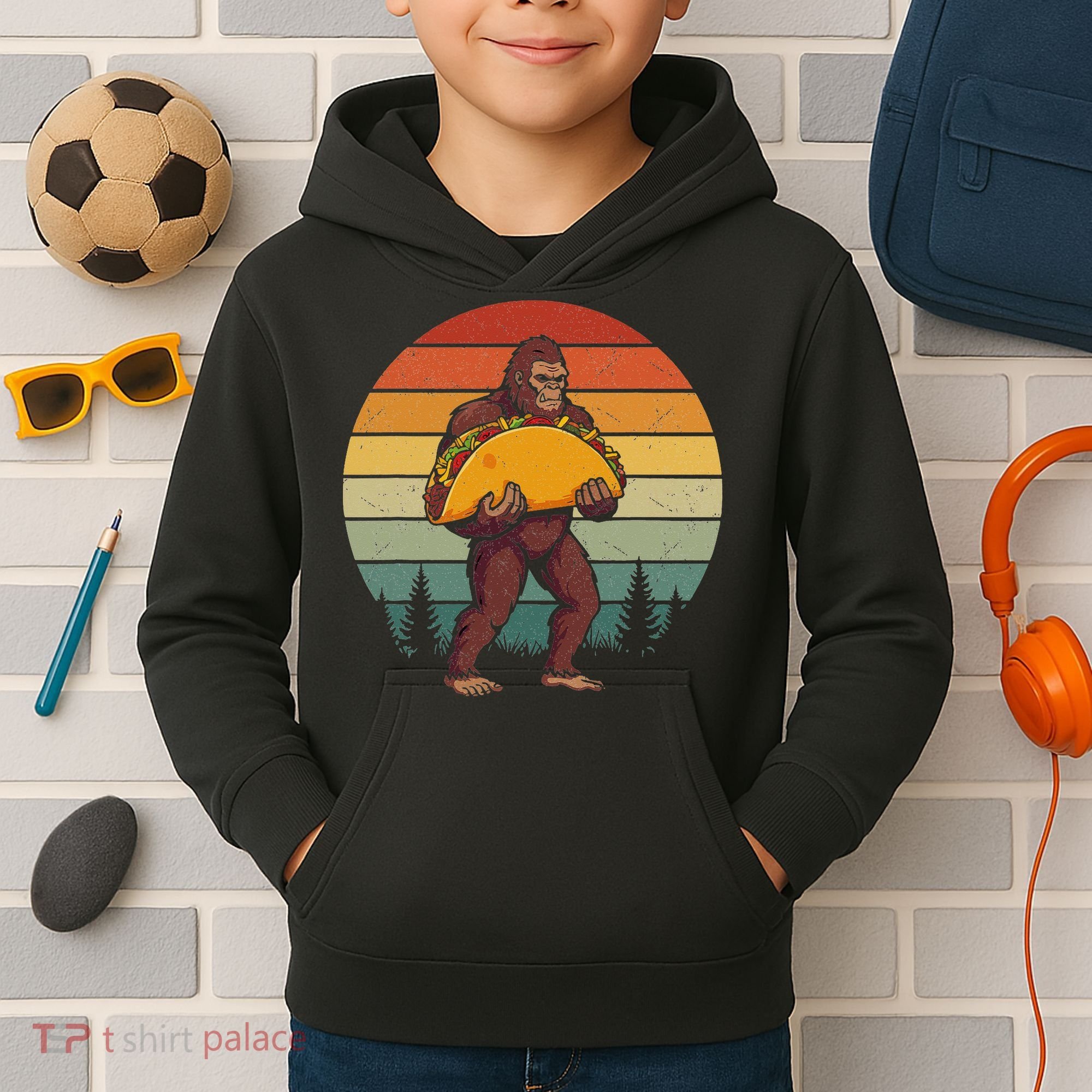 Bigfoot Carrying Taco Funny Cinco De Mayo Sasquatch Kids Hoodie