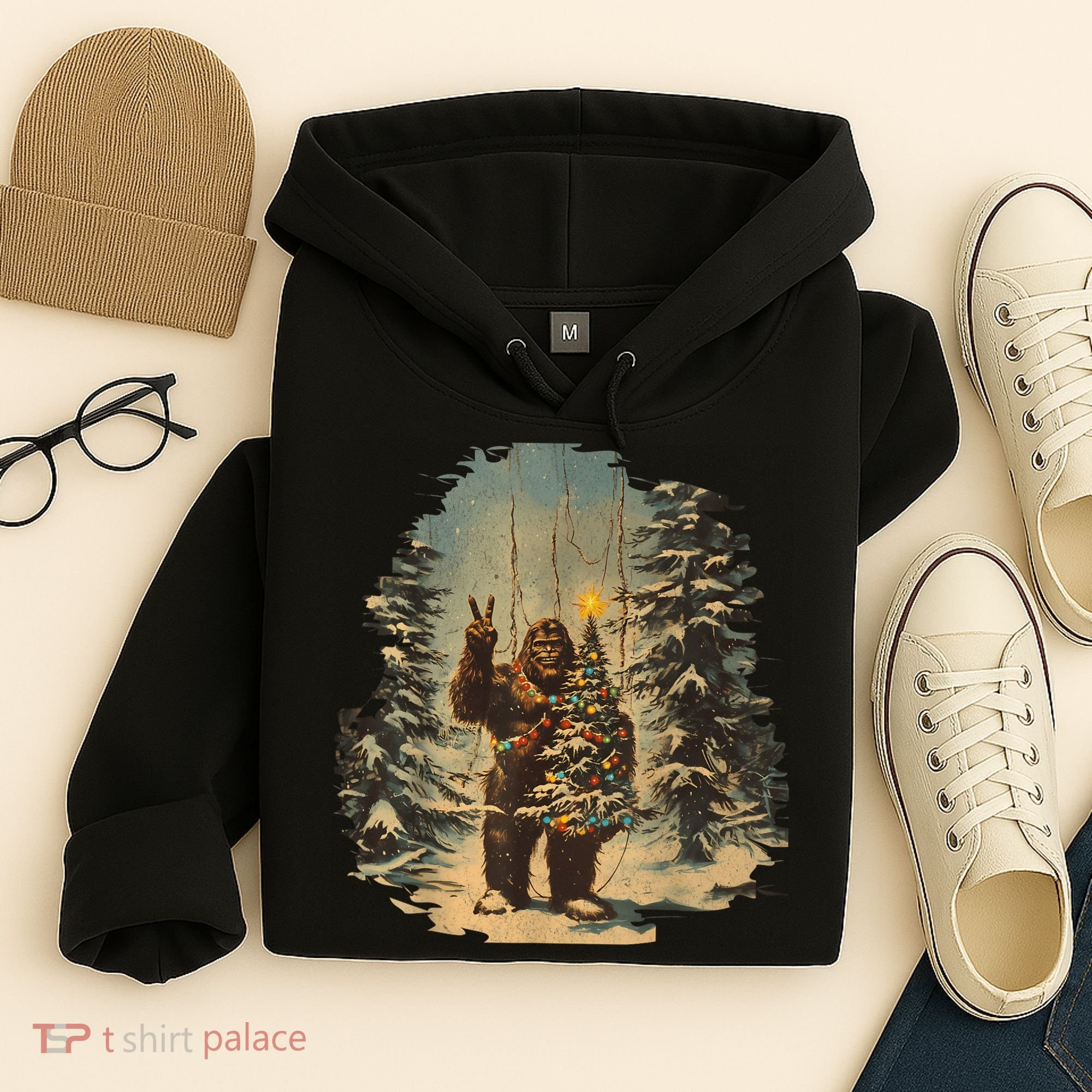 Bigfoot Christmas Tree Lights Tarot Xmas Sasquatch Hoodie