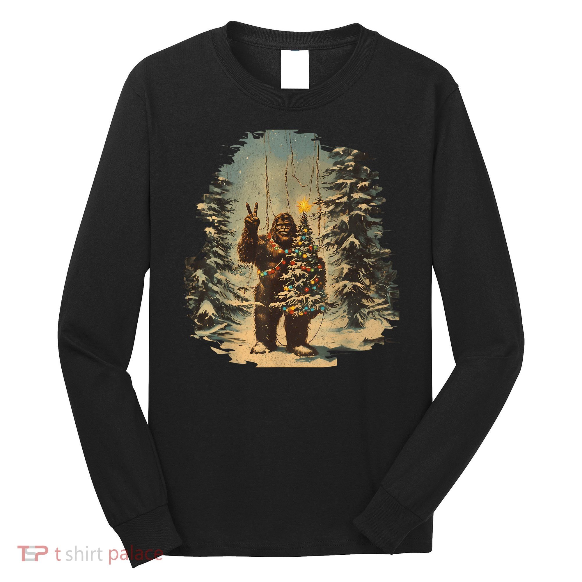Bigfoot Christmas Tree Lights Tarot Xmas Sasquatch Long Sleeve Shirt