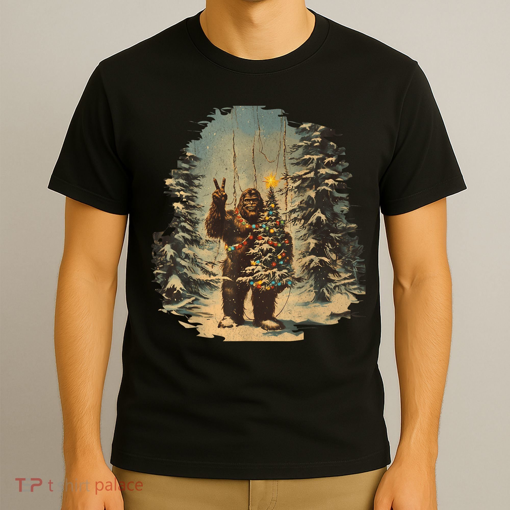 Bigfoot Christmas Tree Lights Tarot Xmas Sasquatch T-Shirt