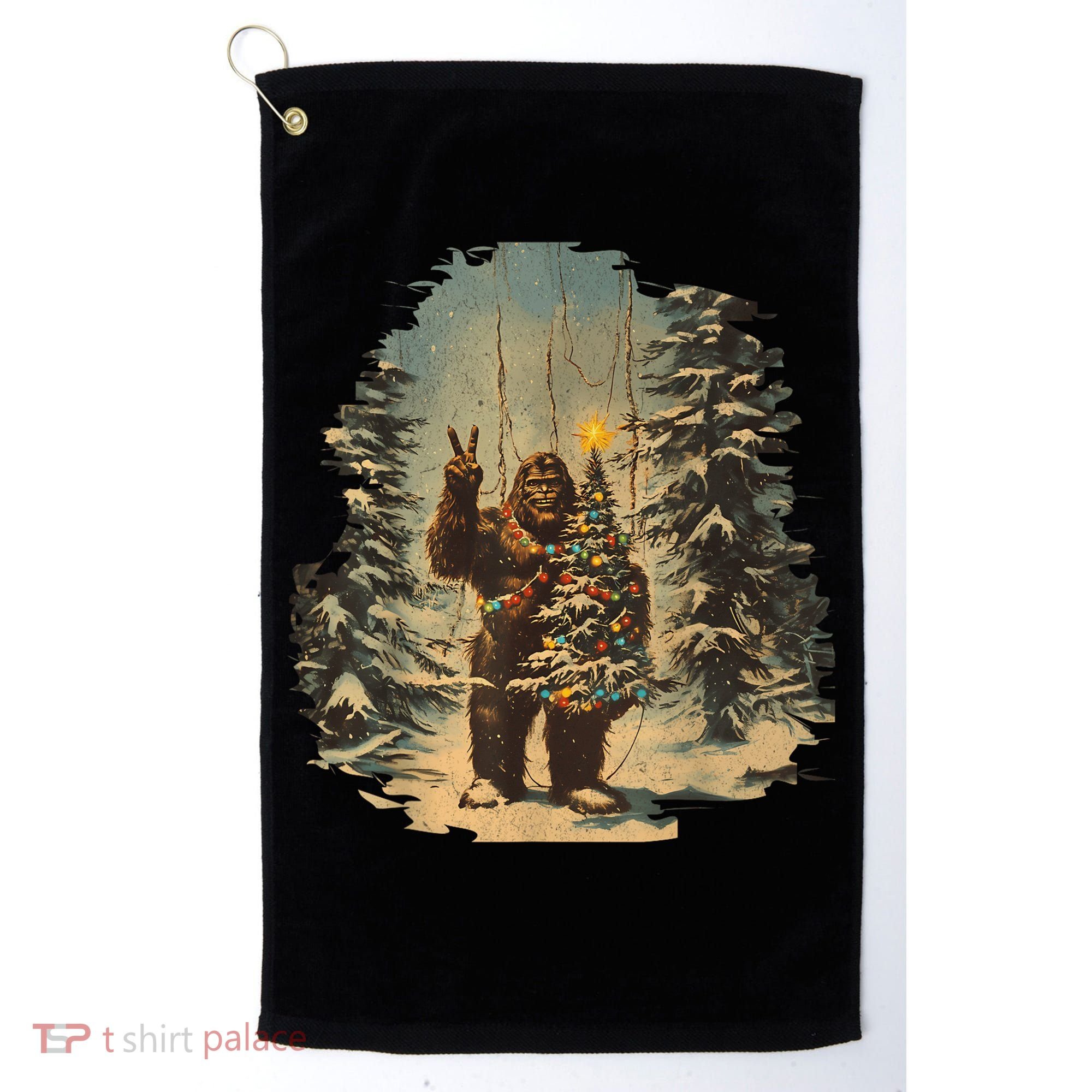Bigfoot Christmas Tree Lights Tarot Xmas Sasquatch Golf Towel