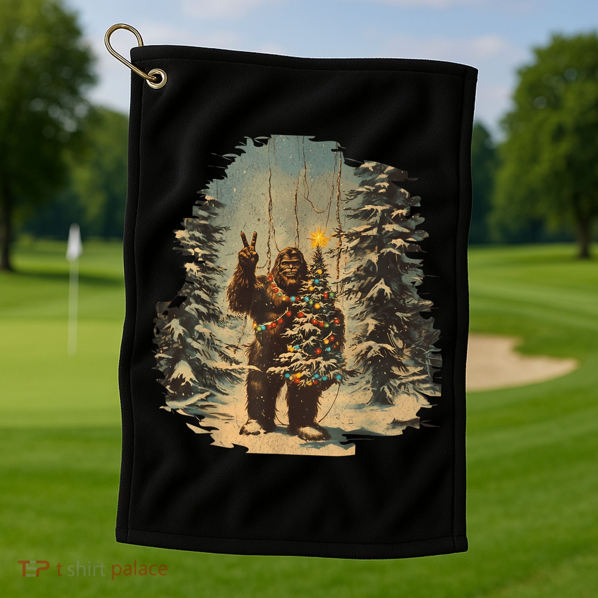 Bigfoot Christmas Tree Lights Tarot Xmas Sasquatch Golf Towel