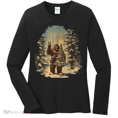 Bigfoot Christmas Tree Lights Tarot Xmas Sasquatch Women's Long Sleeve Shirt