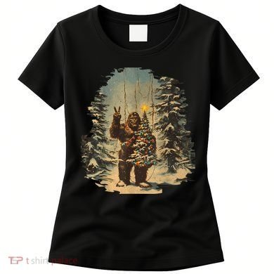 Bigfoot Christmas Tree Lights Tarot Xmas Sasquatch Women's T-Shirt