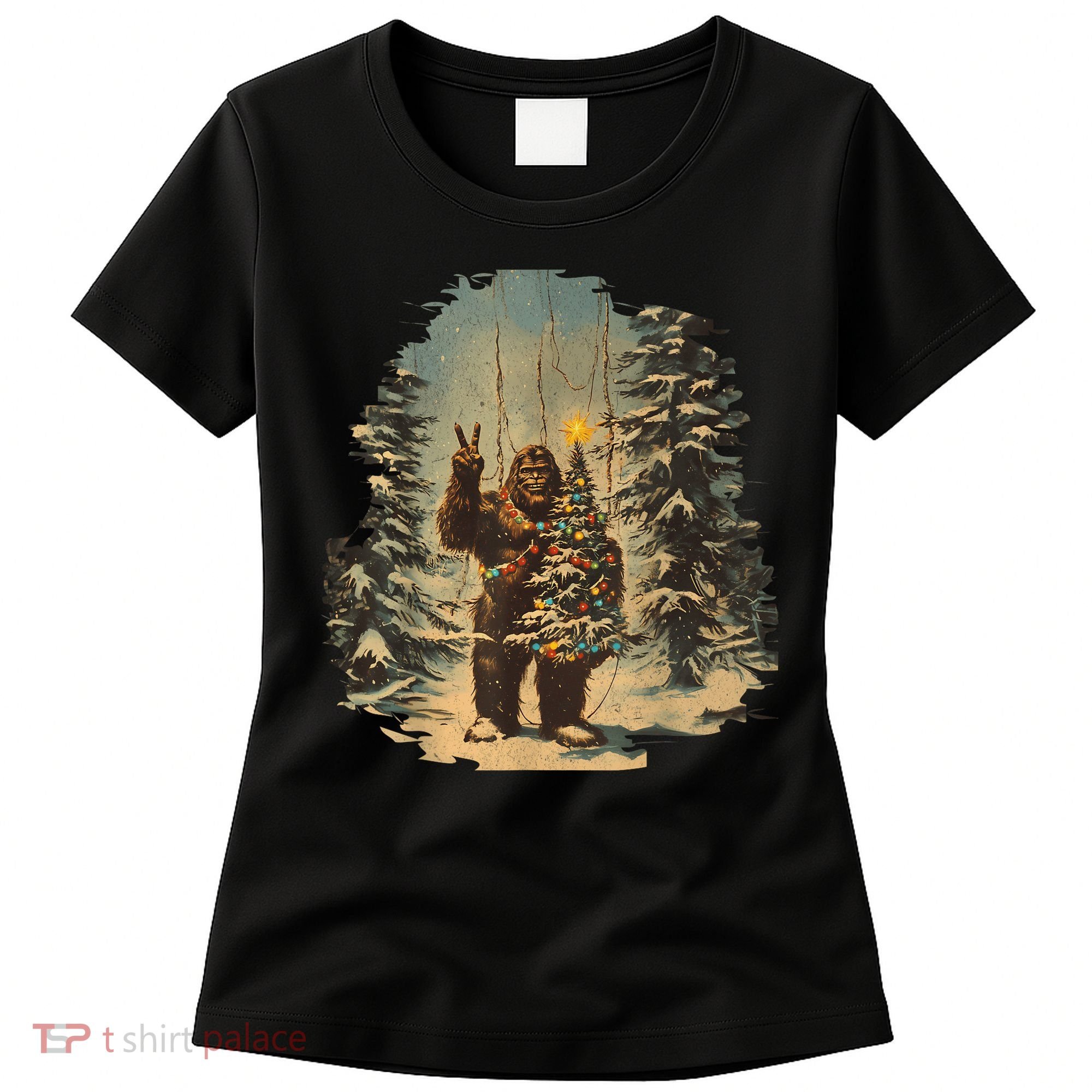 Bigfoot Christmas Tree Lights Tarot Xmas Sasquatch Women's T-Shirt