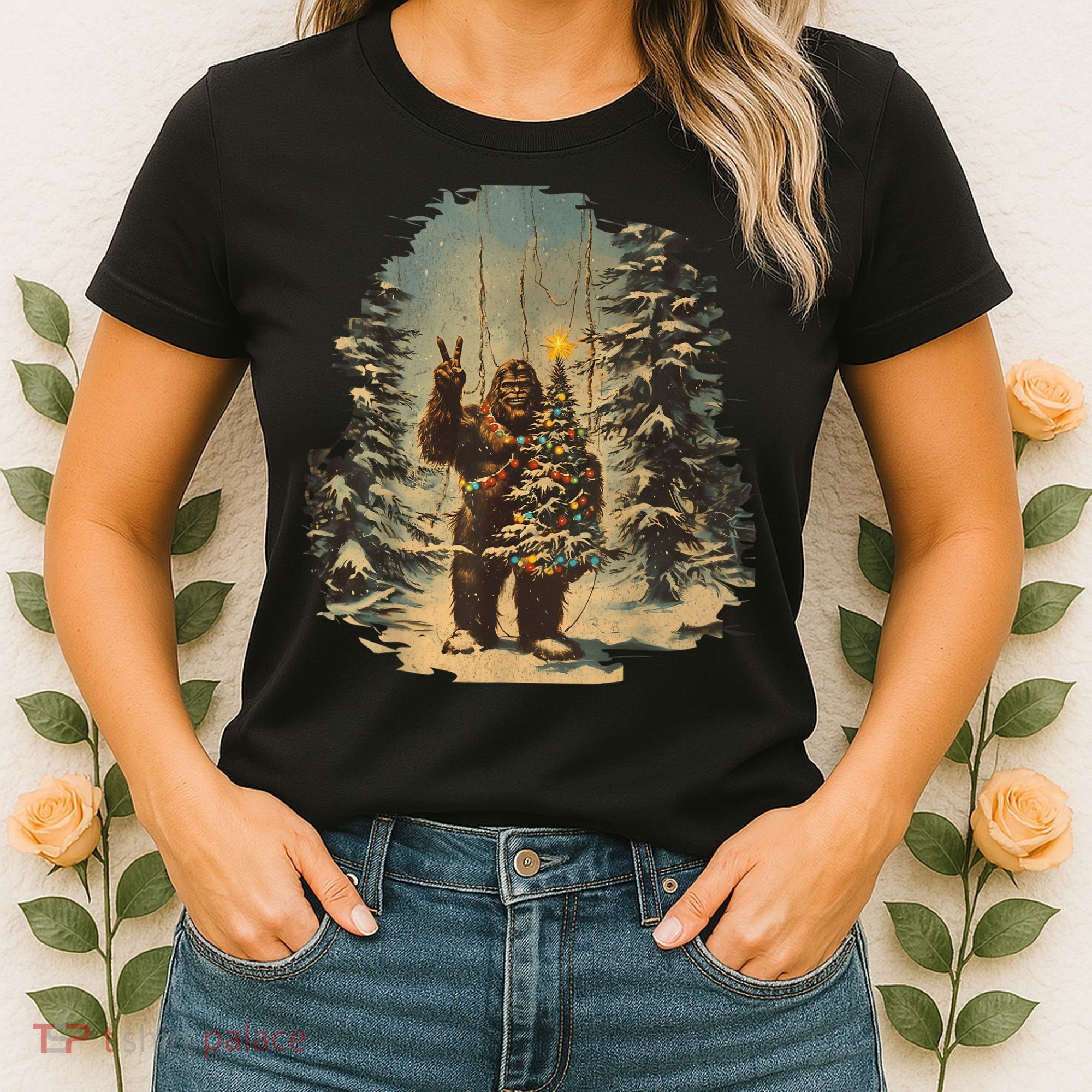 Bigfoot Christmas Tree Lights Tarot Xmas Sasquatch Women's T-Shirt