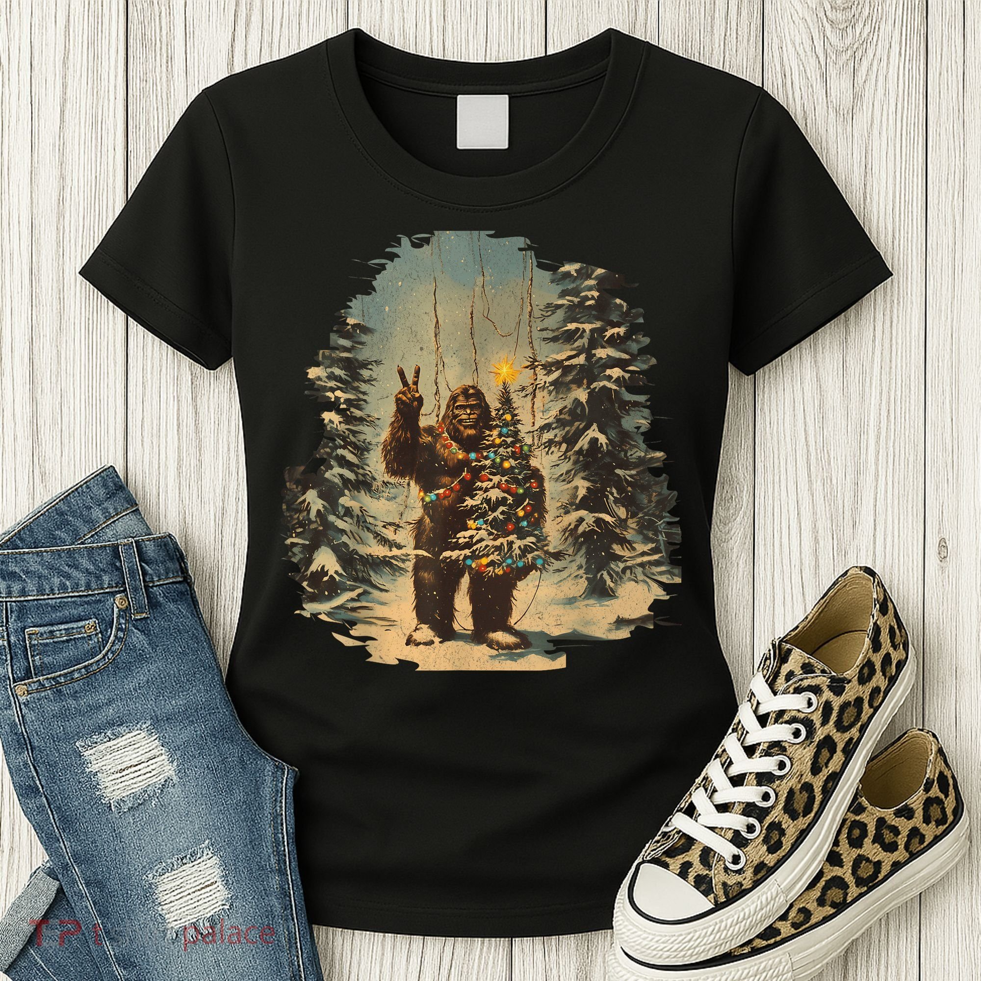 Bigfoot Christmas Tree Lights Tarot Xmas Sasquatch Women's T-Shirt