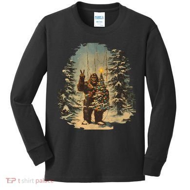 Bigfoot Christmas Tree Lights Tarot Xmas Sasquatch Kids Long Sleeve Shirt