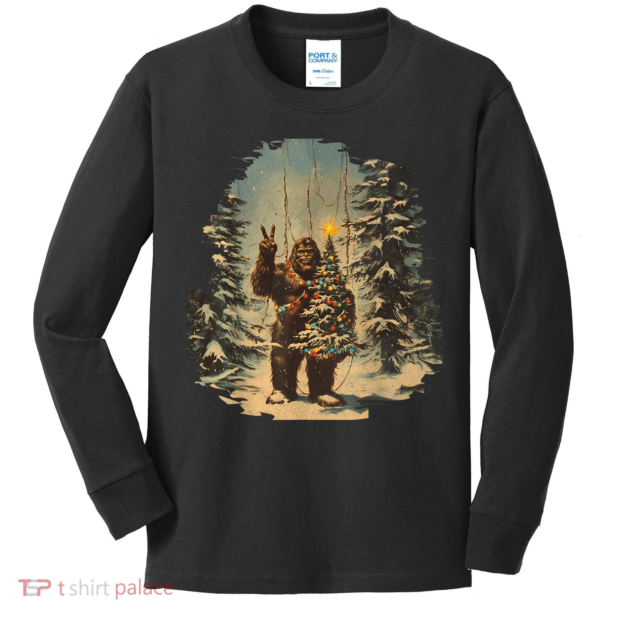 Bigfoot Christmas Tree Lights Tarot Xmas Sasquatch Kids Long Sleeve Shirt