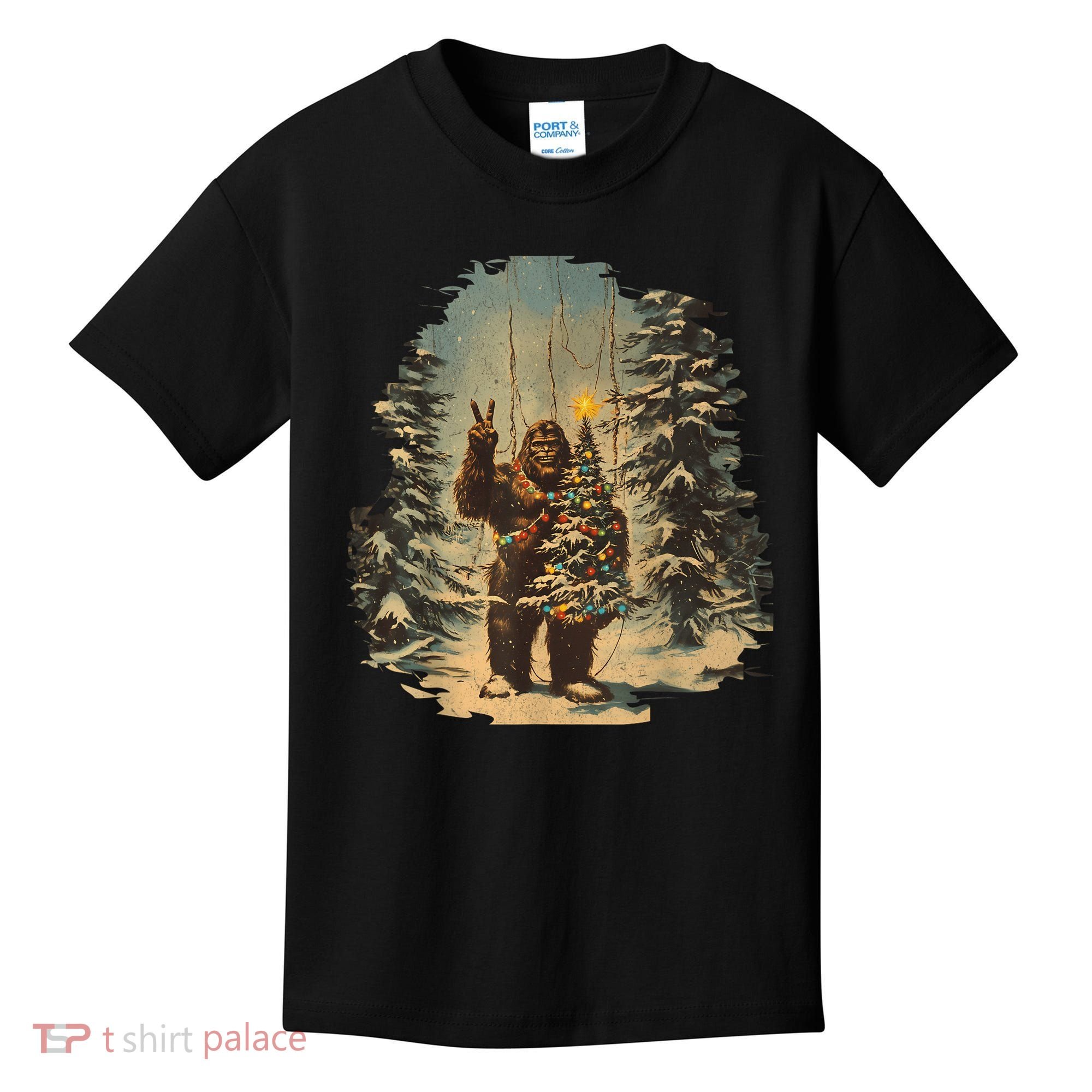 Bigfoot Christmas Tree Lights Tarot Xmas Sasquatch Kids T-Shirt